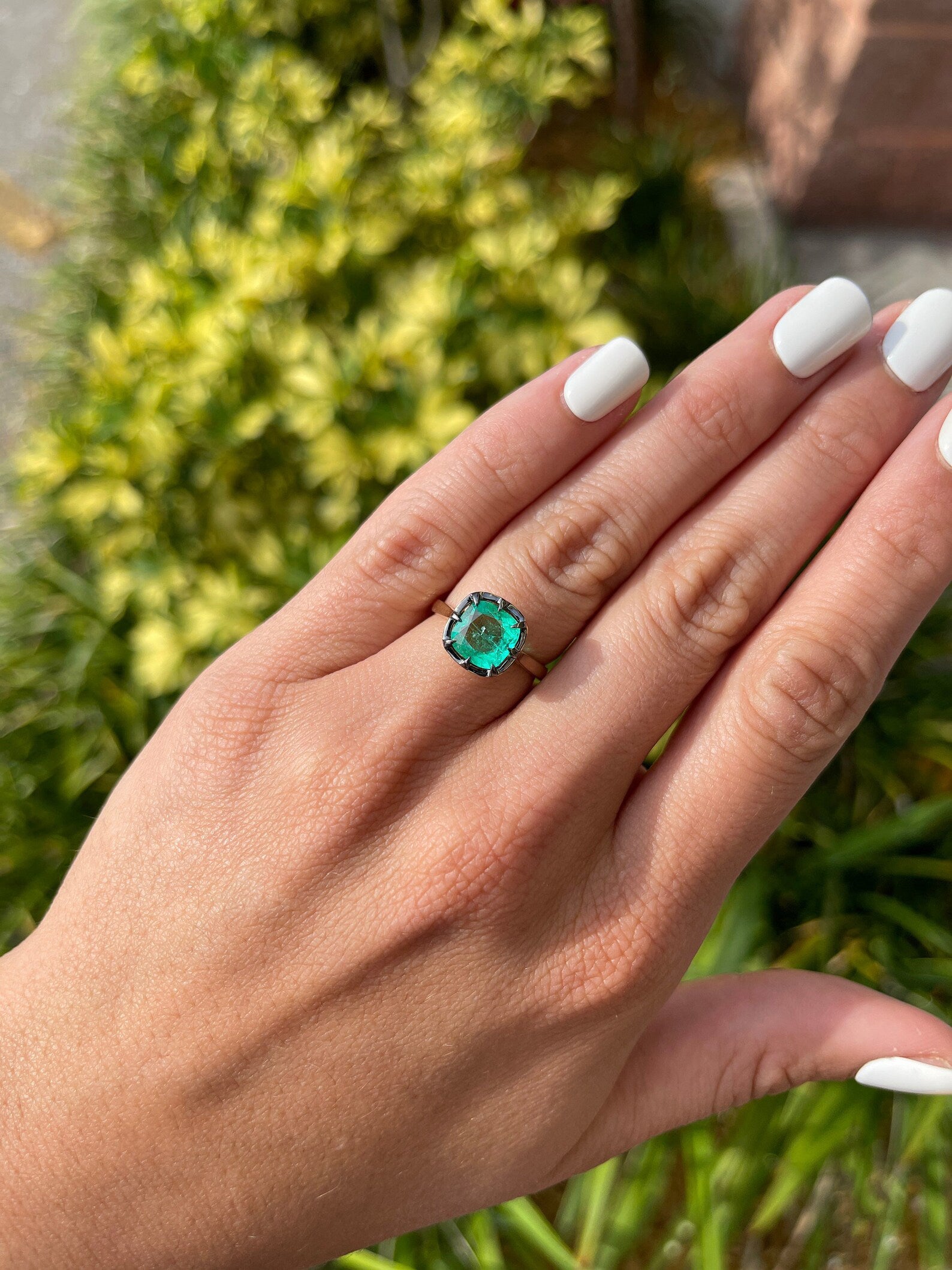 3.0 Carat Cushion Cut Colombian Emerald Solitaire Engagement Ring in 14K Gold - Georgian Style Vintage Wedding Ring for Brides & Proposals