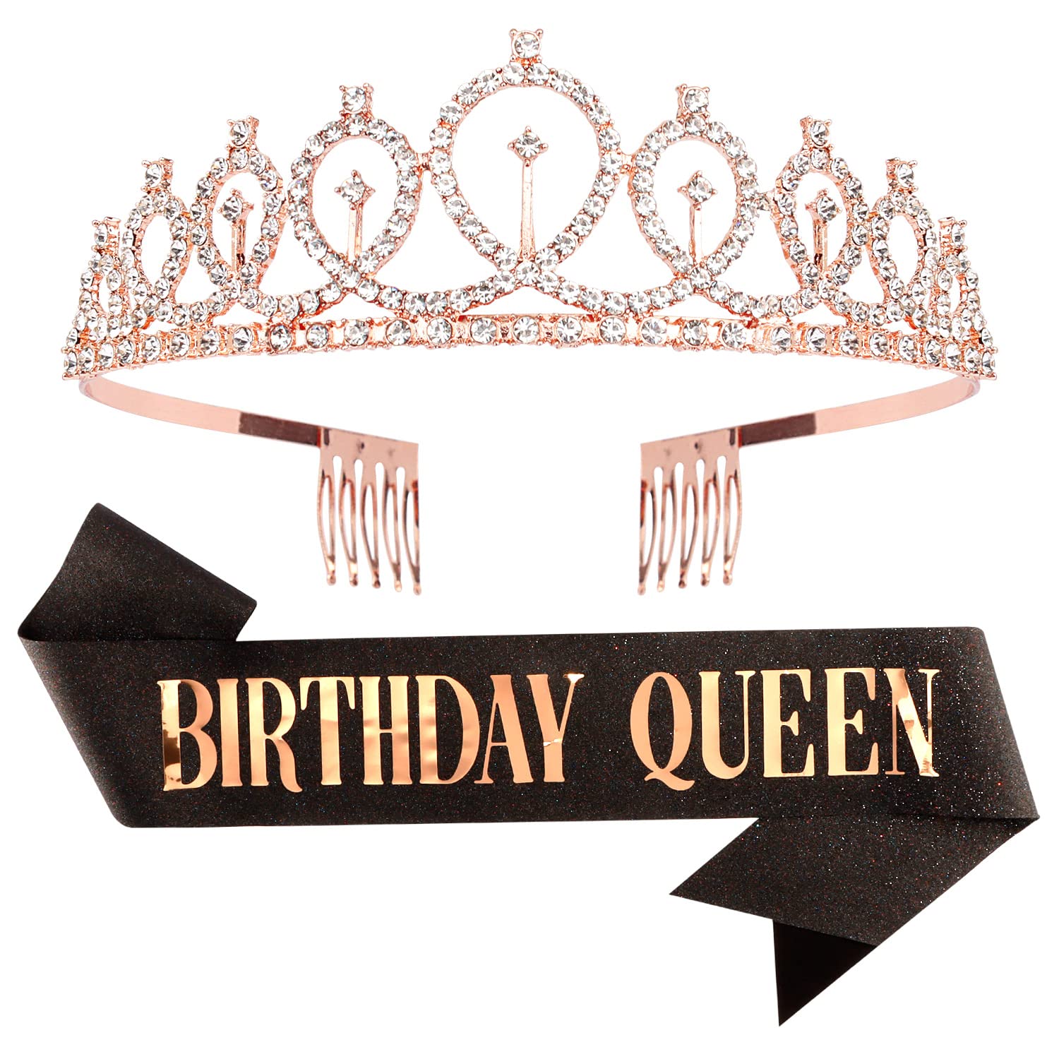 CIEHER Rose Gold Birthday Crown & Black Sash Set for Women - Elegant Crystal Tiara & Queen Crown for Birthday Parties, Decorations, and Special Celebrations - Perfect Birthday Gift for Women