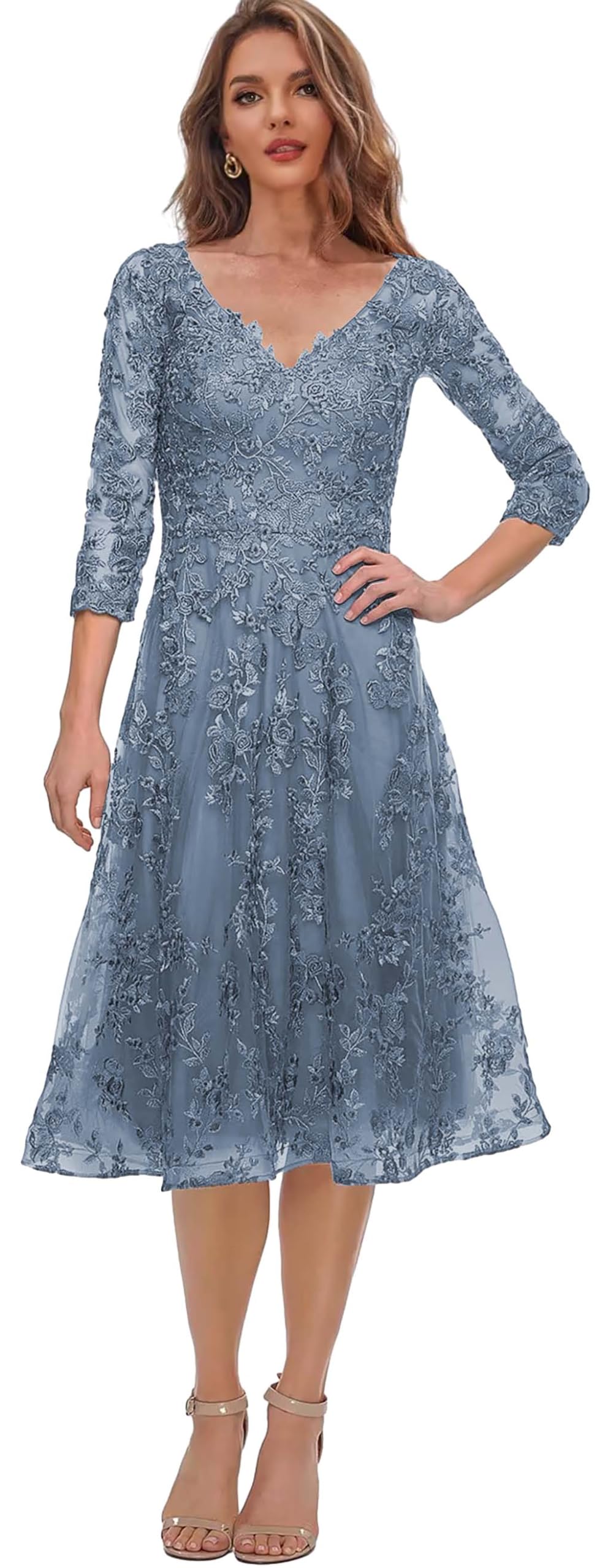 Elegant Tea-Length Mother of the Bride Dress with Lace Appliques - Sleeved Formal Evening Gown for Weddings, Parties & Special Occasions