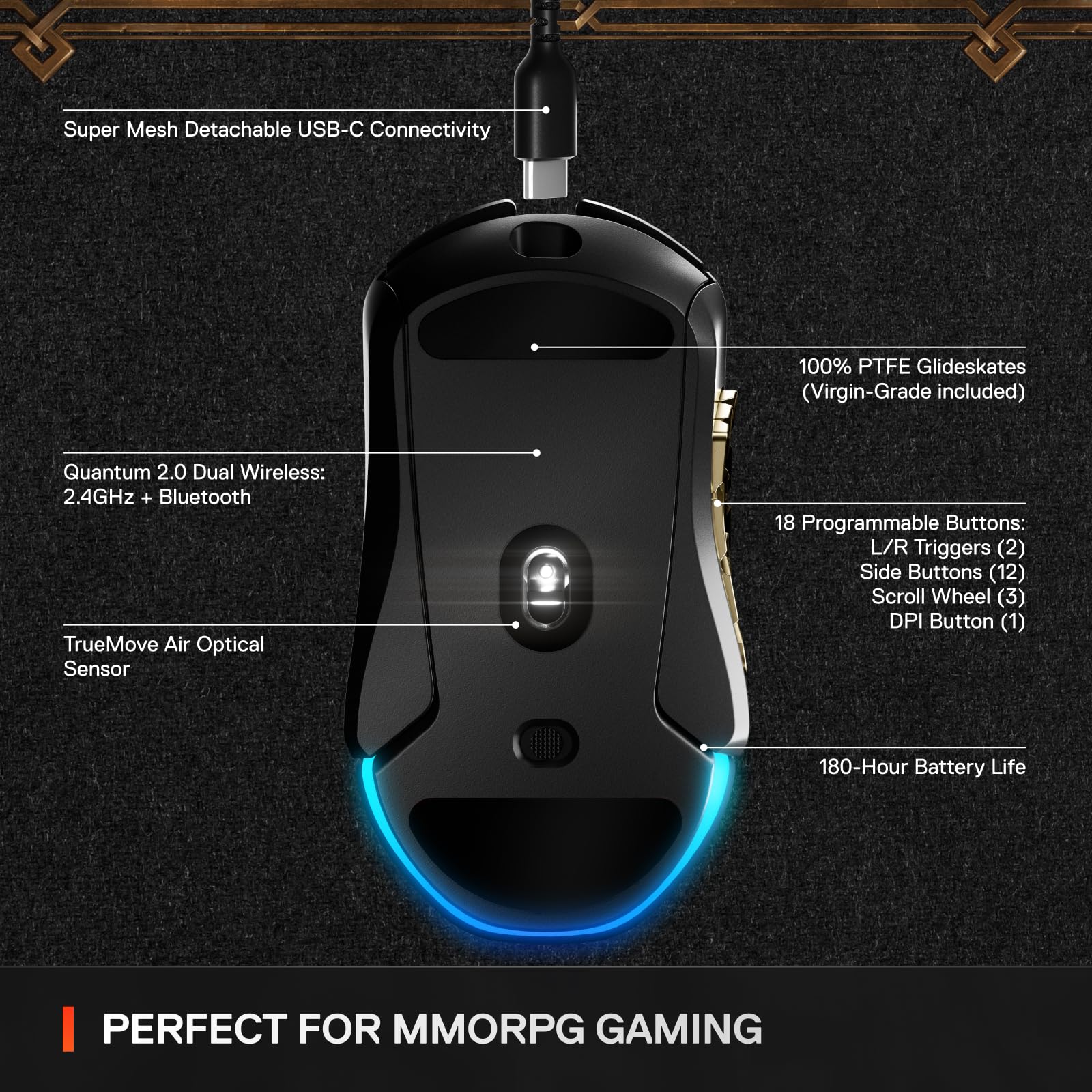 SteelSeries Aerox 9 Wireless Gaming Mouse - World of Warcraft Edition with Free In-Game Item - 18 Programmable Buttons - Lightweight 66g - Bluetooth & 2.4GHz Dual Mode - 18K DPI TrueMove Air Sensor - MMO & RPG Gaming (Renewed) - Perfect for Raiding, PvP Battles & Long Gaming Sessions