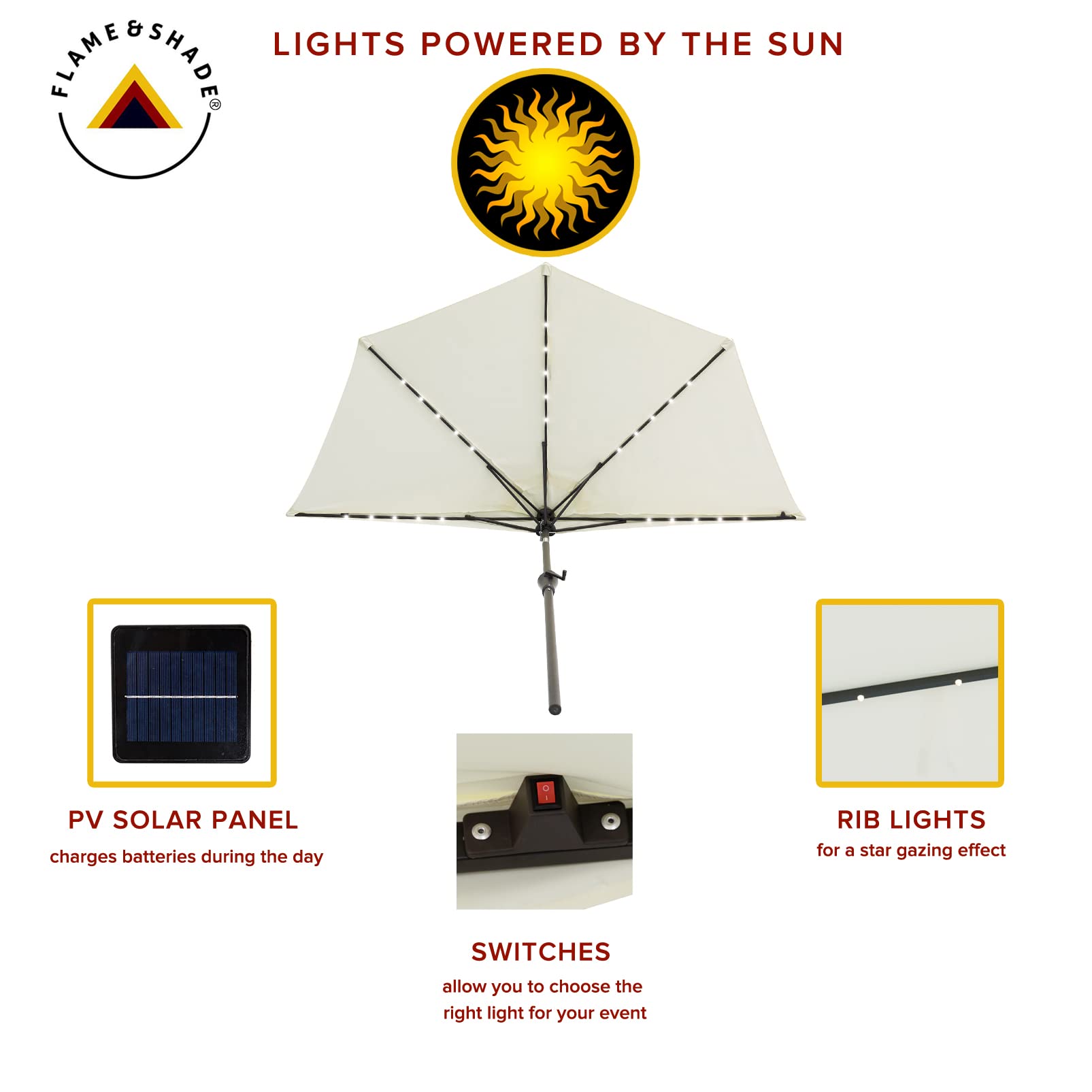 FLAME&SHADE 9 ft Solar Powered Half Round Outdoor Patio Umbrella with LED Lights & Tilt - Waterproof Sun Shade for Garden, Balcony, Poolside & Backyard (Ivory) | Perfect for Outdoor Dining, Lounging & Entertaining