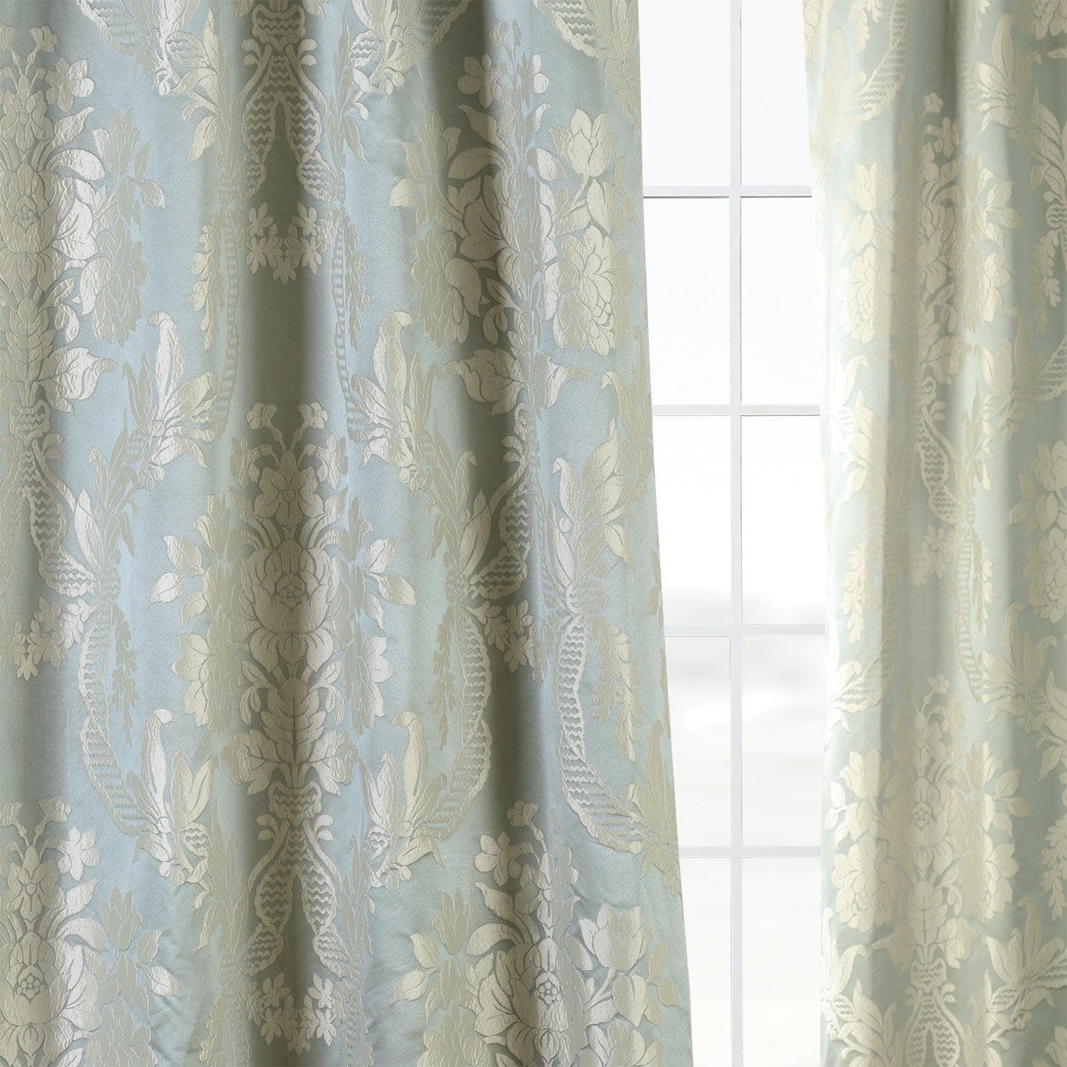Elegant Magdelena Blue & Steel Damask Faux Silk Jacquard Custom Curtains - Premium Window Treatment for Living Room & Bedroom Decor