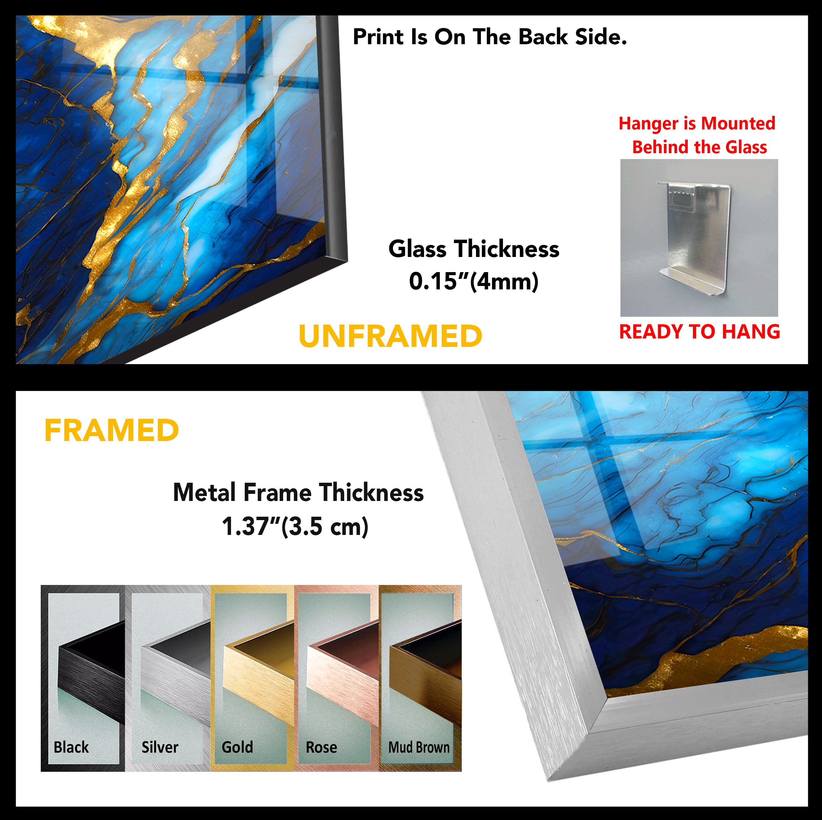 Blue and Gold Marble Wall Art - Elegant Glass Print with Rich Veins & Deep Texture | Modern Luxury Home Decor for Living Room, Bedroom & Office