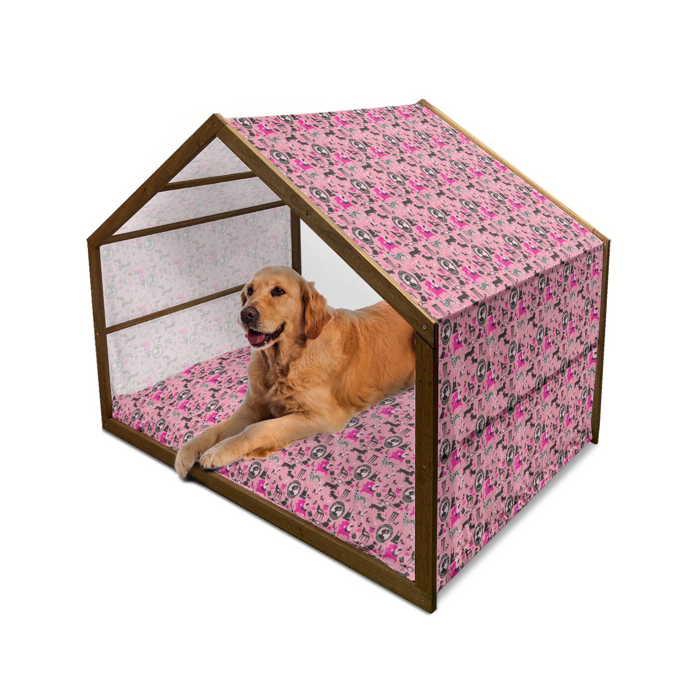 Lunarable Feminine Wooden Dog House - Girly Glamour Pattern Pet Furniture with Portrait & Dogs, Portable Indoor/Outdoor Dog Kennel with Pillow & Cover, X-Large Pastel Pink - Perfect for Small to Medium Dogs in Backyards, Patios or Living Rooms