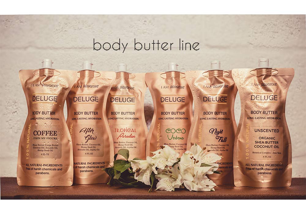 DELUGE All-Natural Body Butter with Shea Butter, Coconut Oil & Hemp Seed - 6 oz Moisturizing Cream for Dry Skin - Afterglow Scent - Perfect for Daily Hydration & Post-Shower Care