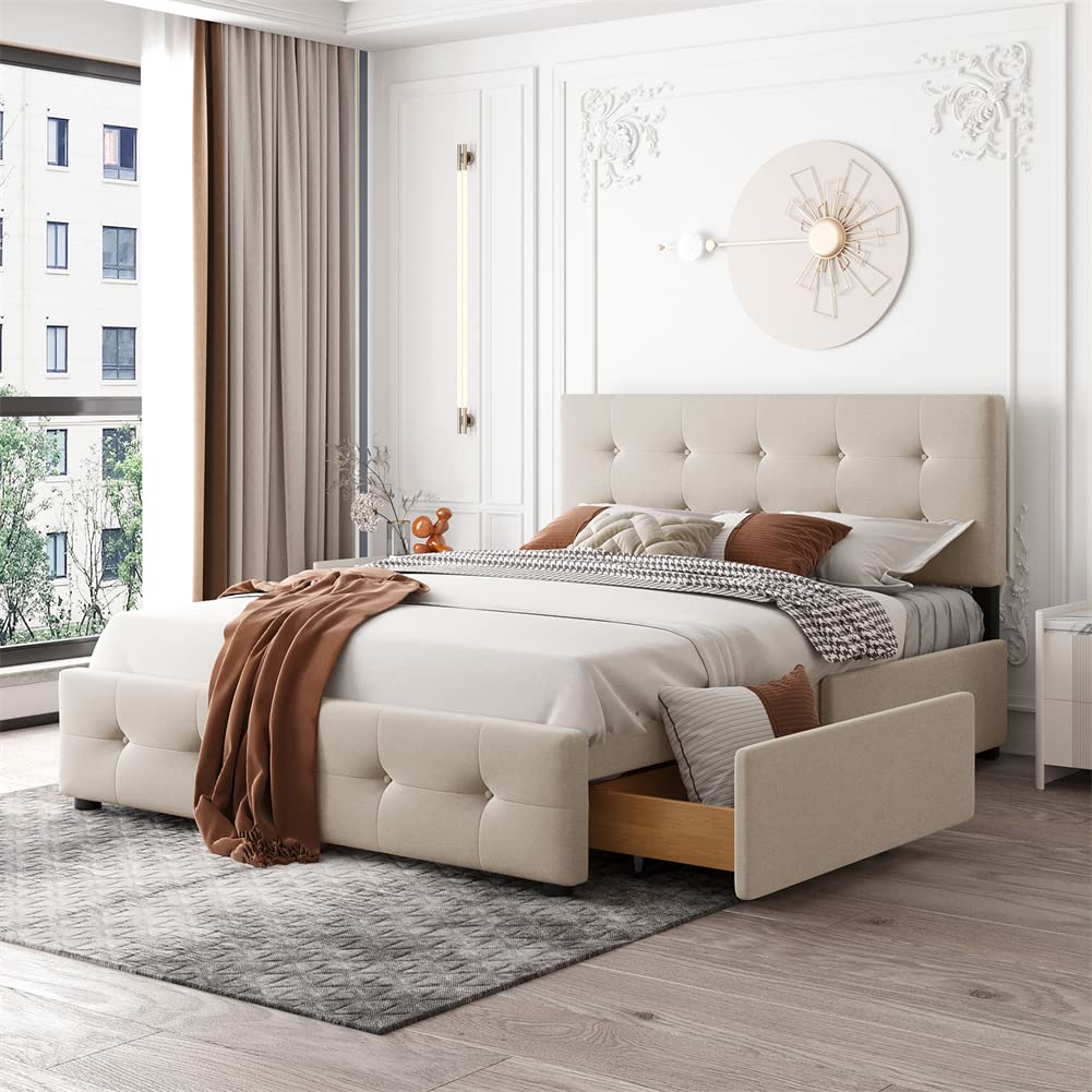 Natural Linen Fabric Wooden Upholstered Queen Size Platform Bed Frame with Headboard & Storage Drawers - Modern Kids & Teens Bedroom Furniture (Beige) | Perfect for Small Spaces, Guest Rooms & Dorm Decor
