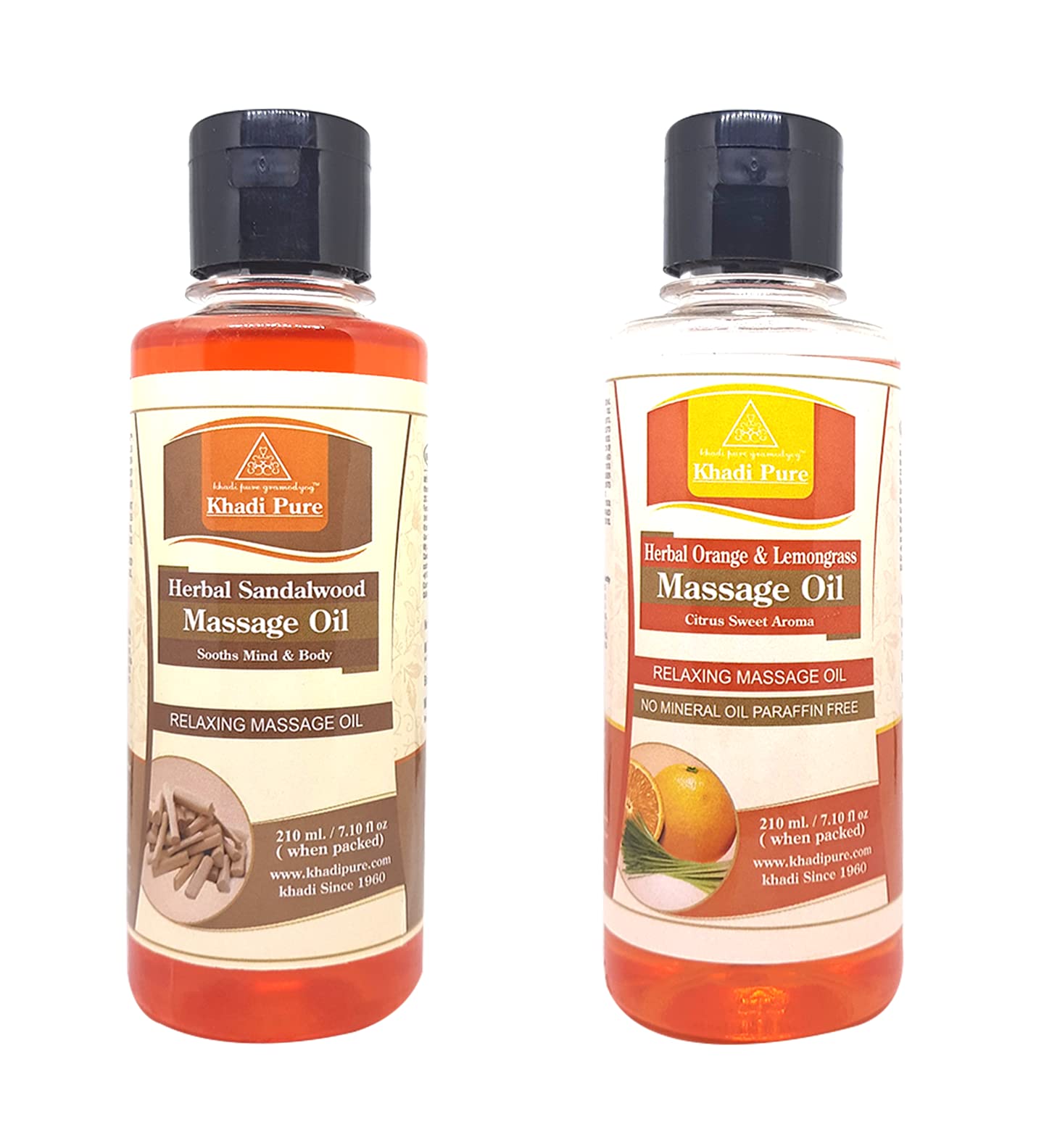 Khadi Pure Sandalwood & Orange Lemongrass SLS Free Massage Oil - 210ml (Pack of 2) | Ayurvedic Aromatherapy Oil for Relaxation, Stress Relief & Couples Massage