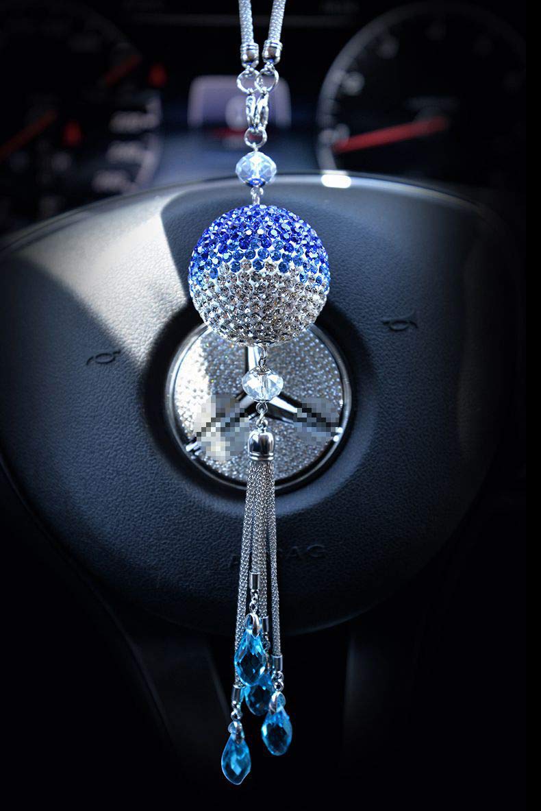Blue Crystal Car Charm - Bling Rearview Mirror Hanging Ornament for Car Decor & Good Luck Gift (Perfect for Birthday, Graduation, Housewarming)