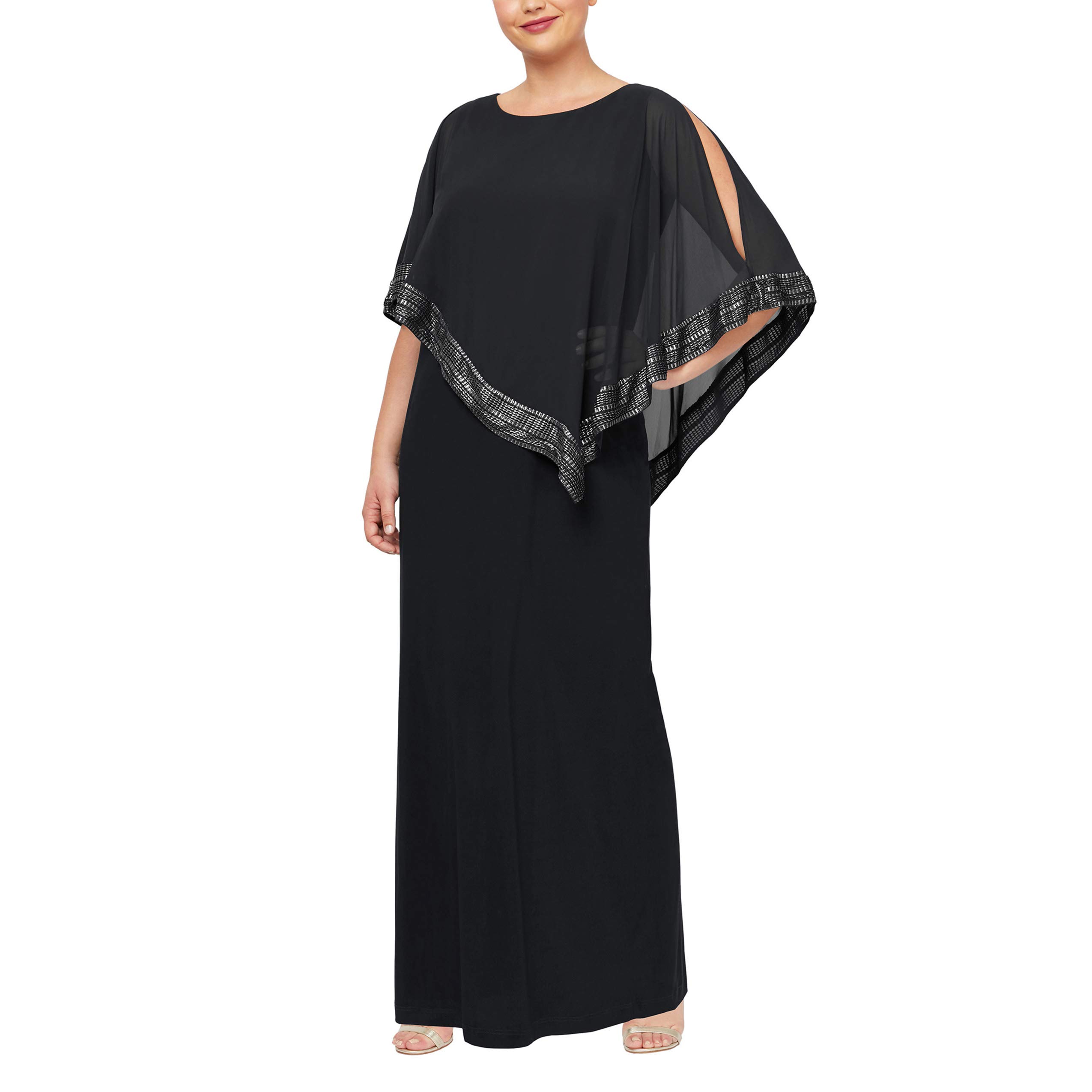 **S.L. Fashions Women's Plus Size Long Cold Shoulder Capelet Dress with Metallic Trim - Elegant Evening Wear for Parties, Weddings & Special Occasions**
