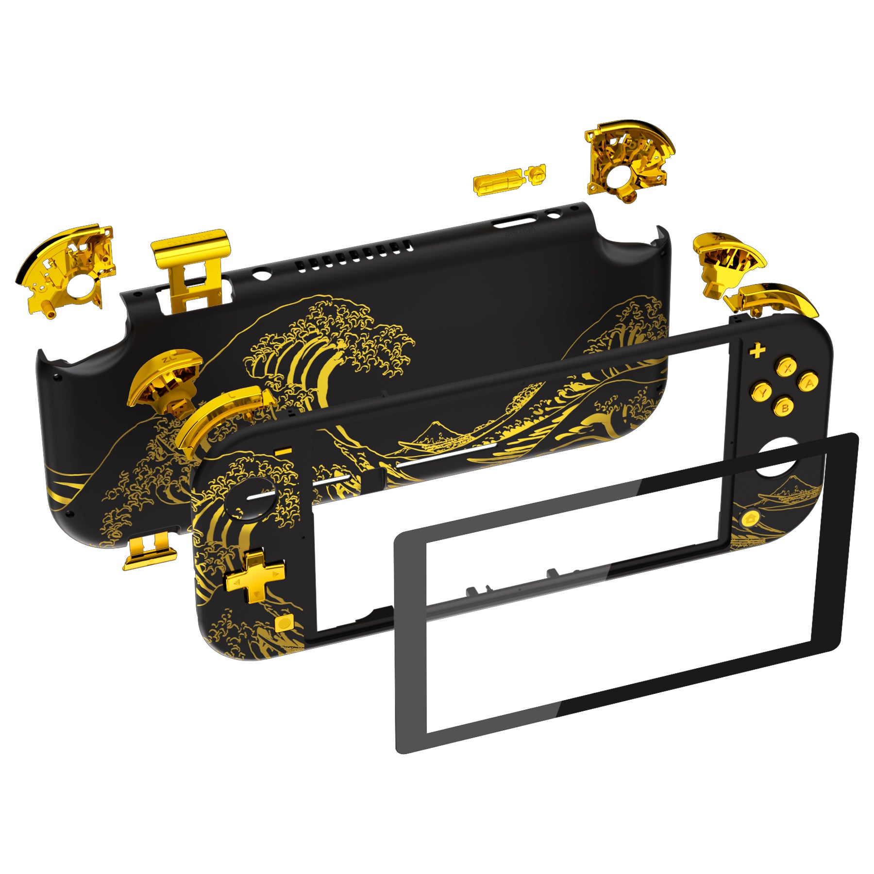 eXtremeRate Golden Wave Off Kanagawa Black DIY Replacement Shell for Nintendo Switch Lite - Custom Controller Housing with Screen Protector | Durable Case Cover for NSL Handheld Console | Perfect for Gaming Enthusiasts & Travel Protection