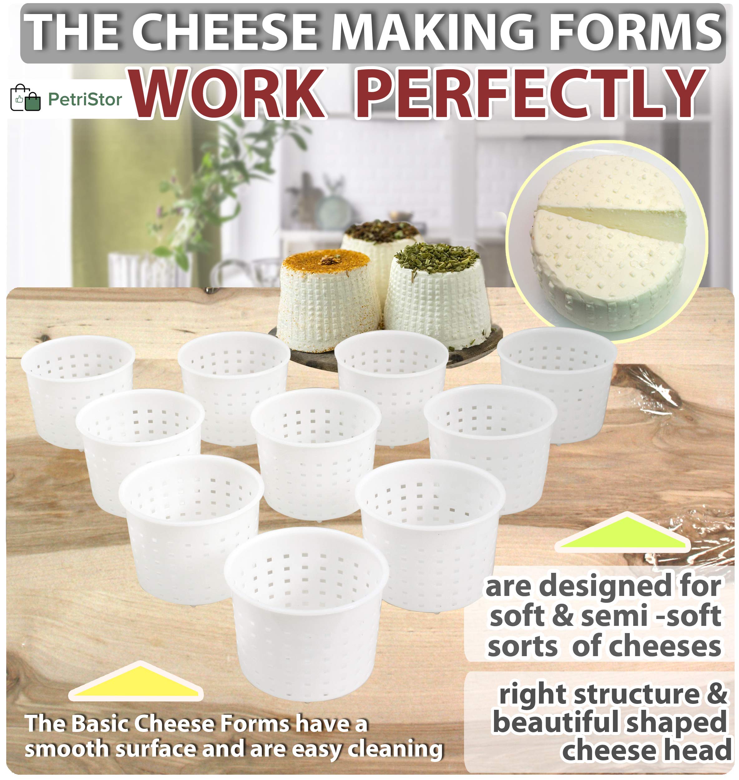 PetriStor 10-Piece Small Cheese Mold Set for Homemade Cheese Making - 1/3 qt Soft Cheese Molds for Cream Cheese, Feta & Queso Fresco - Perfect for DIY Cheese Kits, Artisan Cheesemaking & Home Kitchen Use