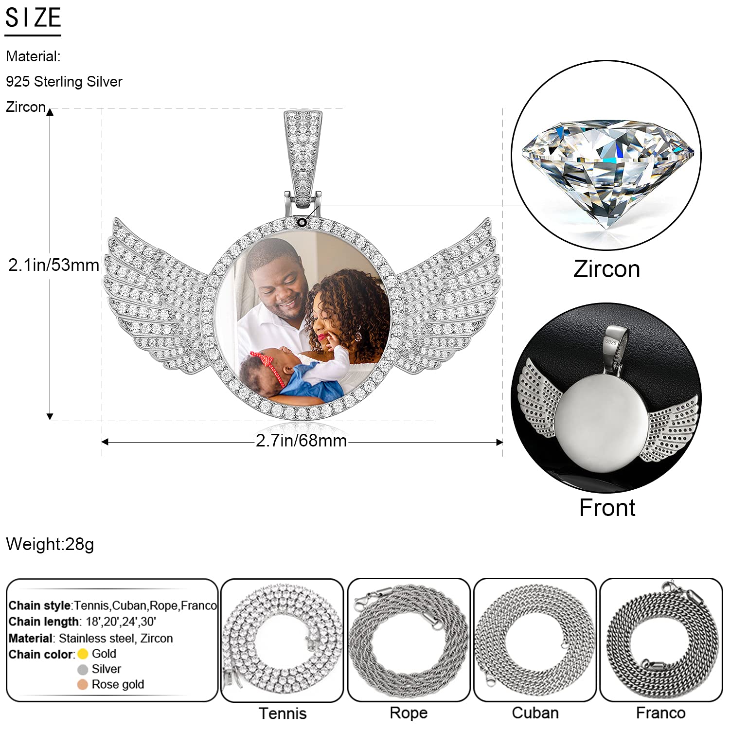 925 Sterling Silver Custom Photo Necklace with Wings - Personalized Memorial Pendant for Women & Men - Engravable Picture Jewelry with Gift Box - Perfect for Anniversaries, Birthdays & Hip Hop Fashion