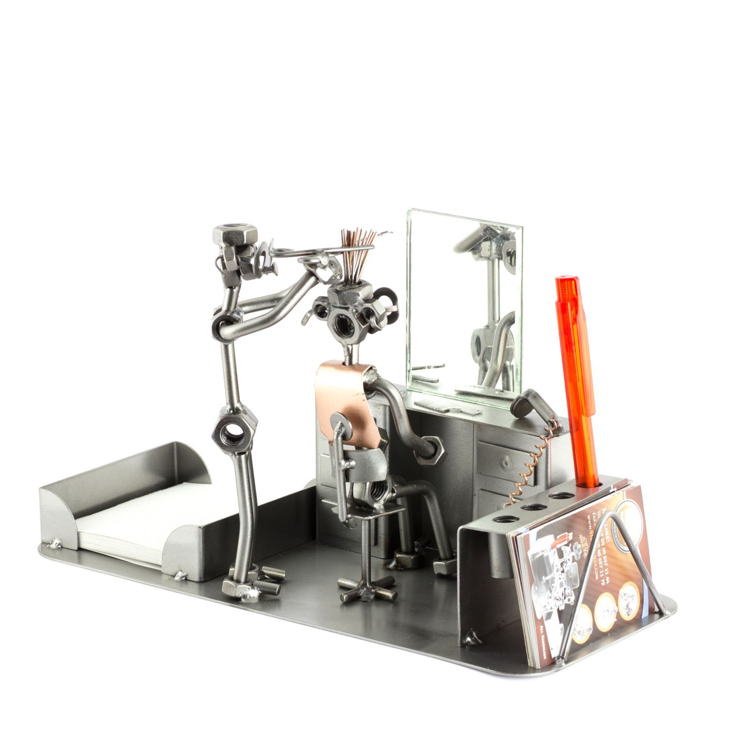 Handmade Metal Hairdresser Sculpture - German-Made Desk Organizer with Personal Engraving | Unique Nuts & Bolts Office Decor for Salon, Barber Shop or Gift