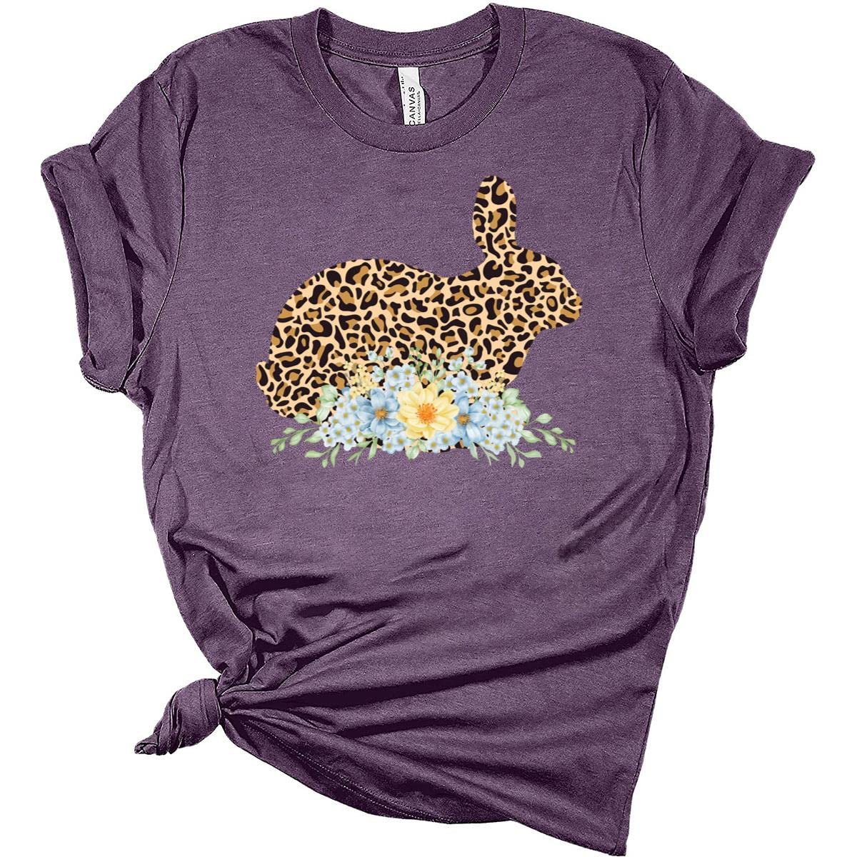 Easter Bunny Floral Leopard Print Women's T-Shirt - Cute Spring Tee for Easter Celebrations, Family Gatherings & Casual Outfits