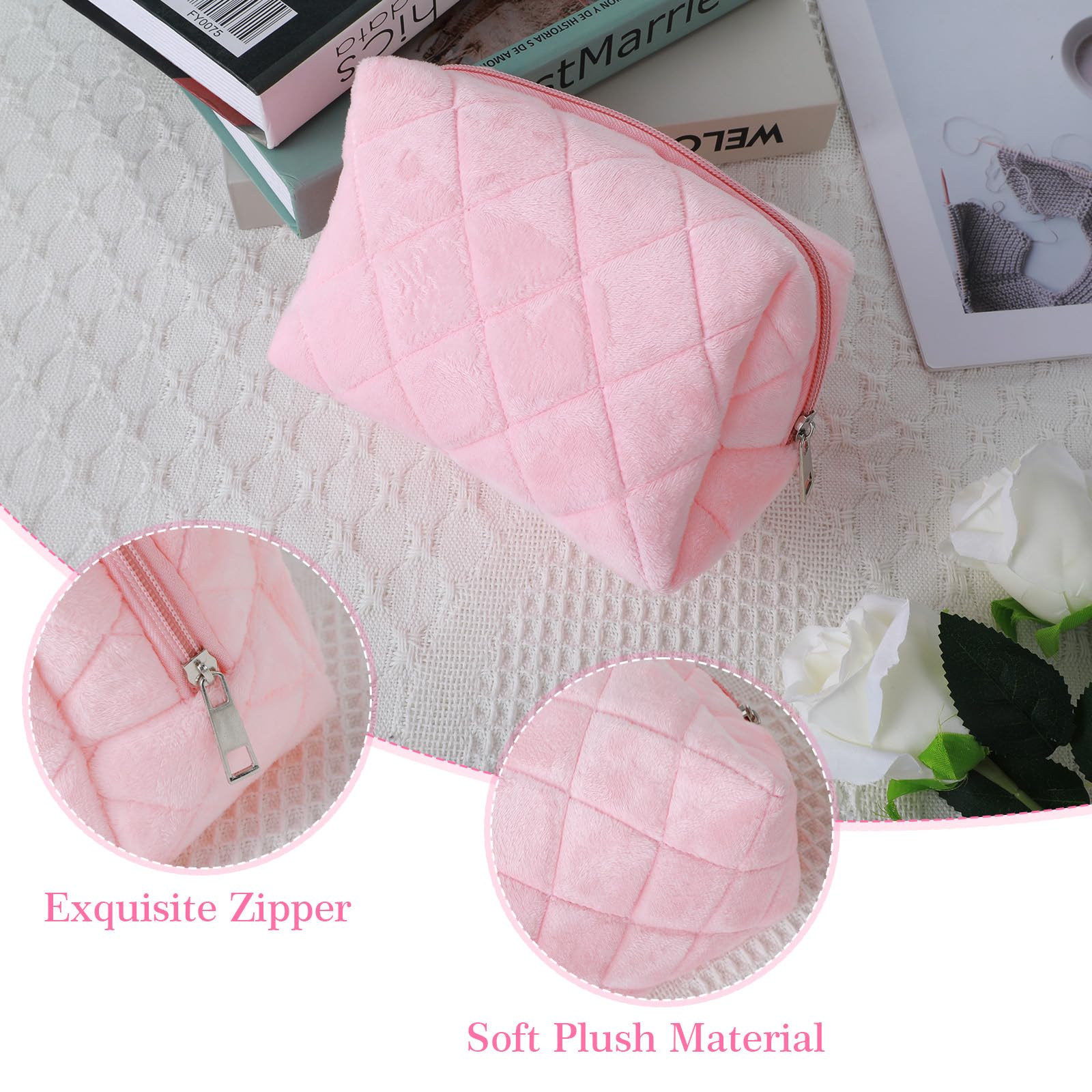 Pink Y2K Checkered Cosmetic Travel Bag for Women - Small Fluffy Makeup Pouch, Cute Trendy Skincare & Toiletry Organizer | Perfect for Travel, Gym, and Daily Makeup Storage