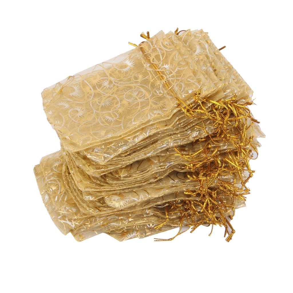 Premium Printed Golden Organza Gift Bags 6x8 Inches (50 Pack) - Elegant Drawstring Pouches for Wedding Favors, Jewelry Packaging & Party Return Gifts | Perfect for Bridal Showers, Baby Showers & Special Occasions