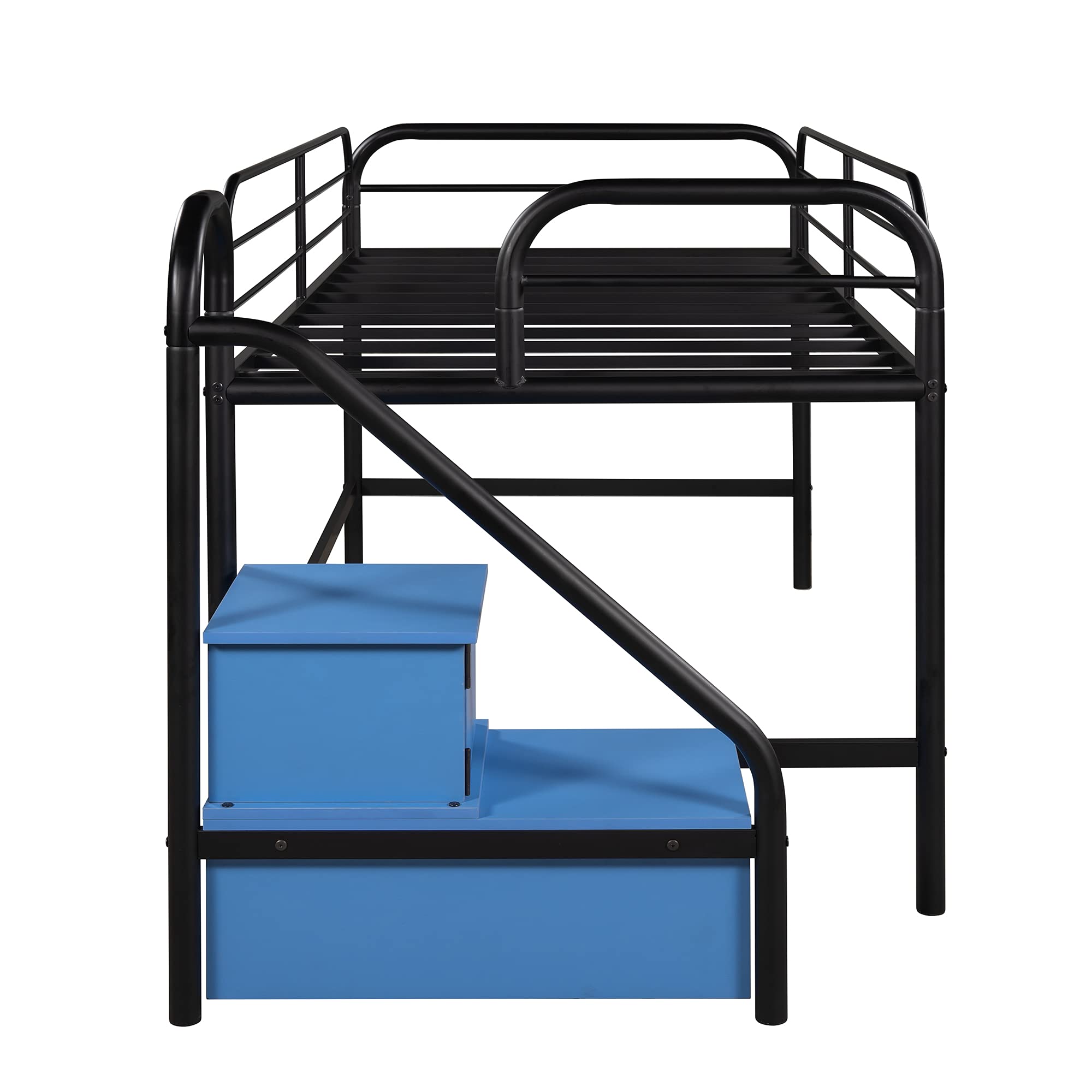 Twin Size Low Loft Bed for Kids - Sturdy Metal Frame with 2 Storage Steps & Full-Length Safety Rail | Space-Saving Design, No Box Spring Needed (Blue) | Perfect for Small Bedrooms, Dorms & Kids' Rooms