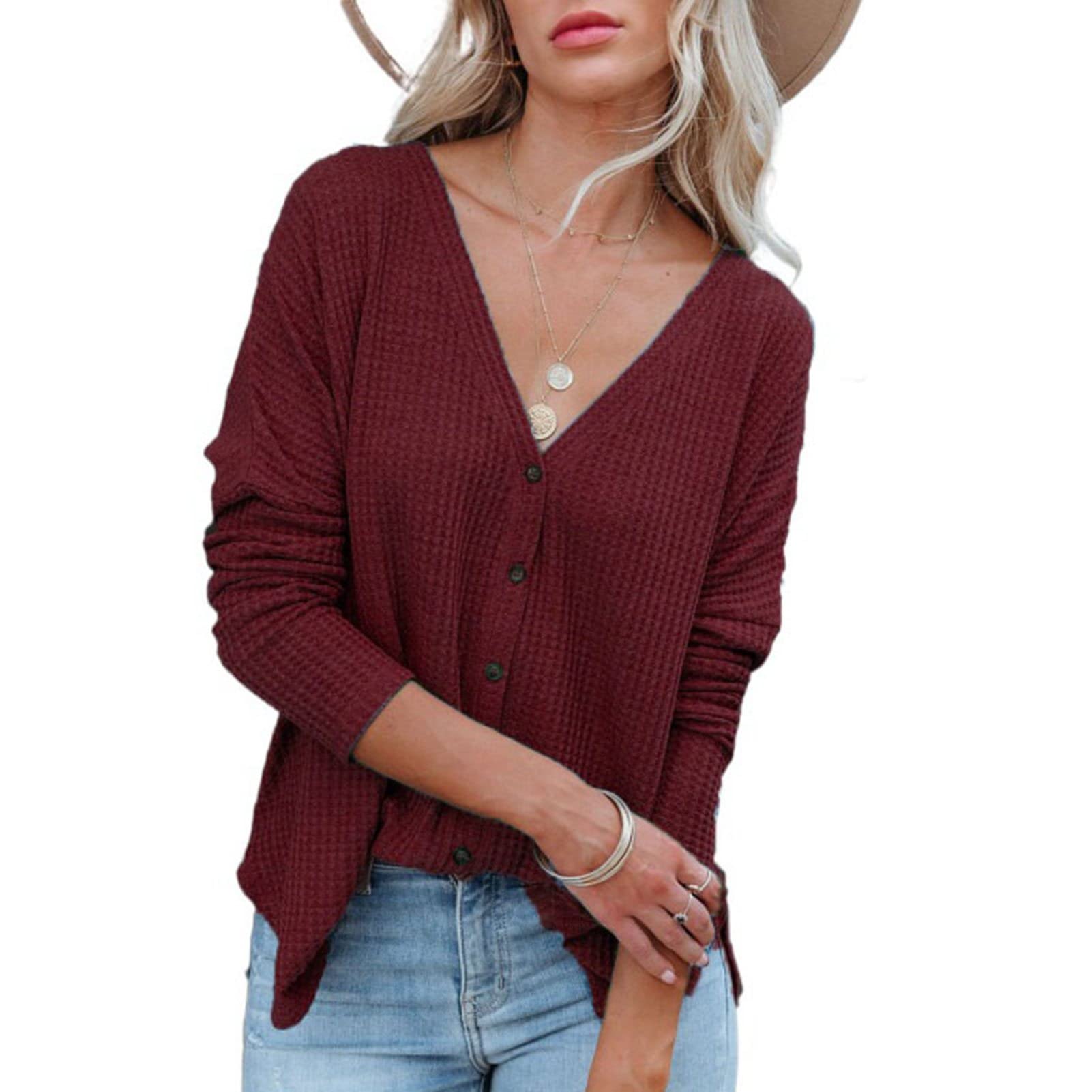 Women's Knit Cardigan - V Neck Long Sleeve Waffle Open Front Button Up Blouse Loose Fit Casual Outerwear for Autumn Winter | Cozy Layering for Office, Date Night & Fall Fashion