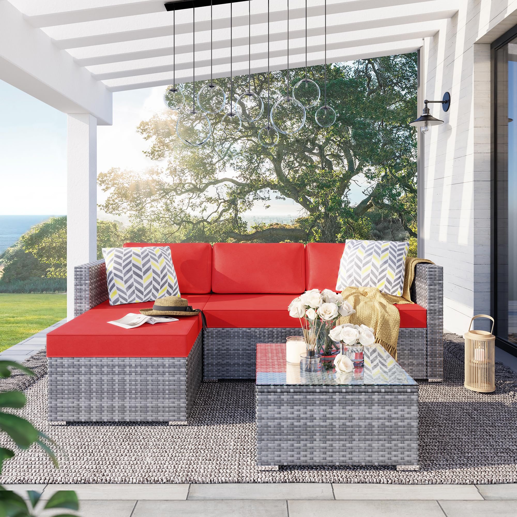 **SUNLEI 3-Piece Outdoor Patio Furniture Set with Cushions, Adjustable PE Rattan Sectional Sofa & Coffee Table - Silver Rattan/Red - Perfect for Garden, Balcony, or Backyard Relaxation**