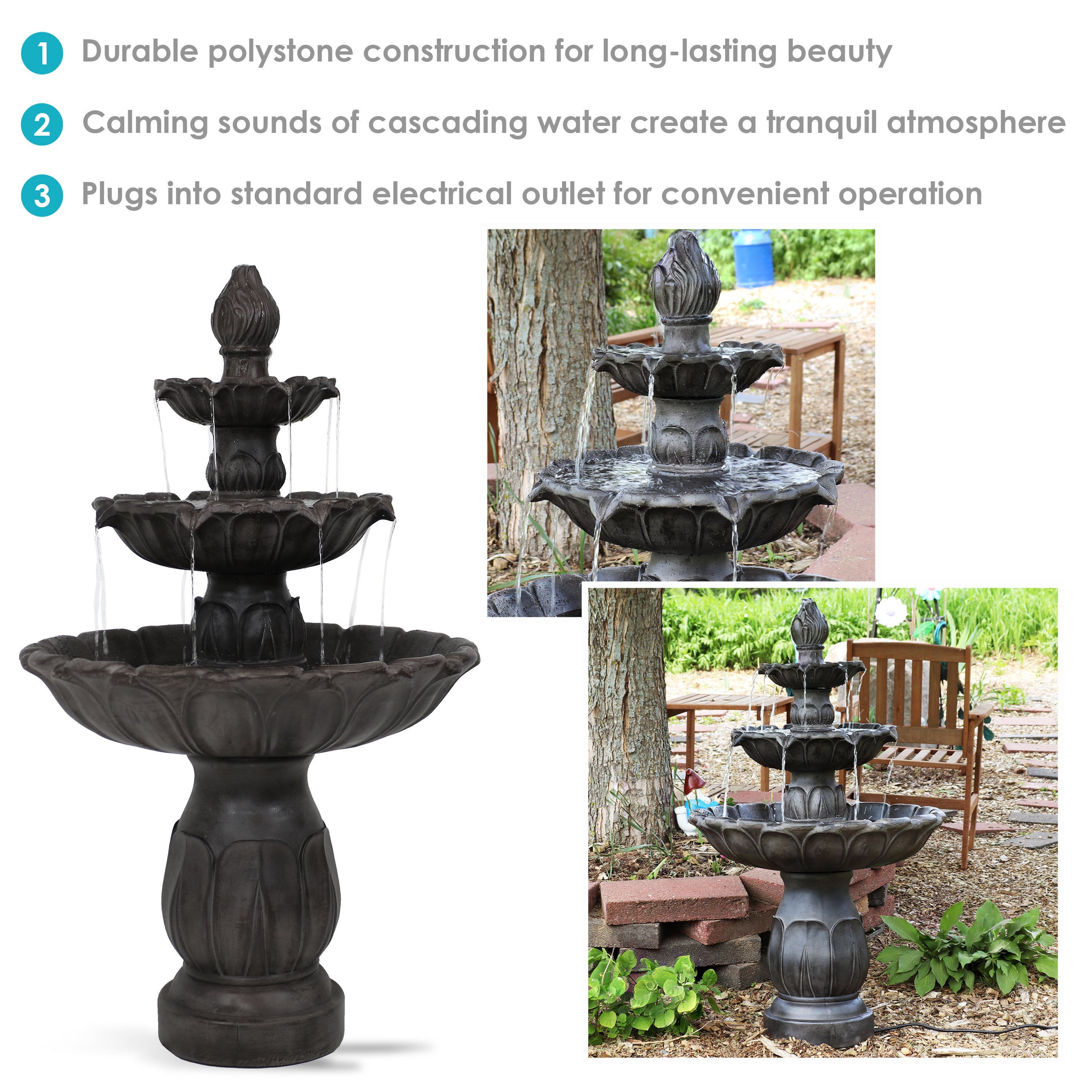 Sunnydaze Classic 3-Tier Tulip Outdoor Water Fountain - Garden Decor, Patio, Yard, and Backyard Relaxation