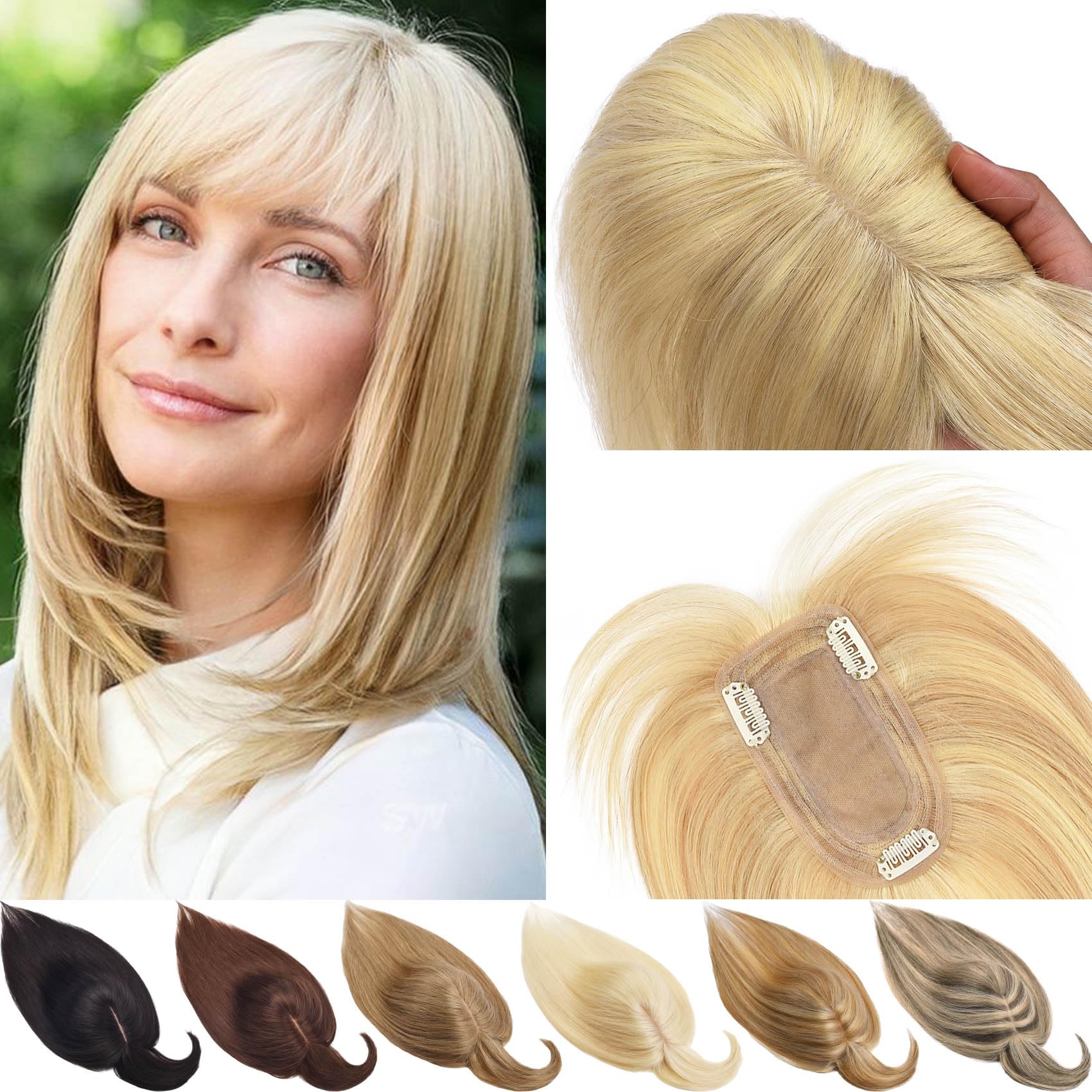 JGS1996 Women's Real Human Hair Toppers with Bangs - 100% Remy Human Hair Wig Clip-in for Thinning Hair & Hair Loss - 10 Inch #18/613 Blonde - Perfect for Daily Wear, Parties & Special Occasions
