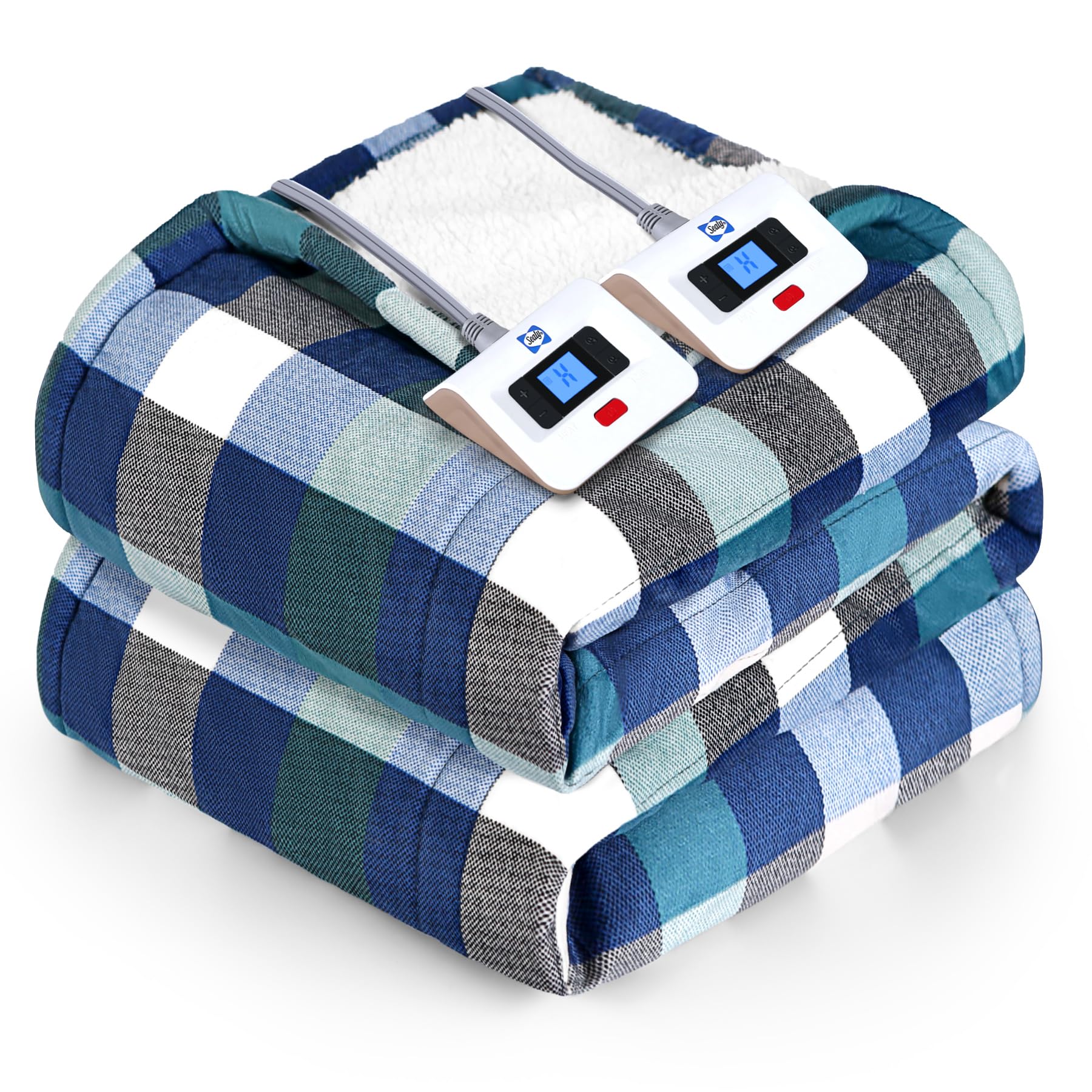 Sealy Queen Size Electric Blanket - 10 Heating Levels, 1-12 Hour Auto Shut Off, Plaid Short Plush & Sherpa Throw Blanket, Machine Washable, Green - Perfect for Bed, Sofa & Winter Warmth