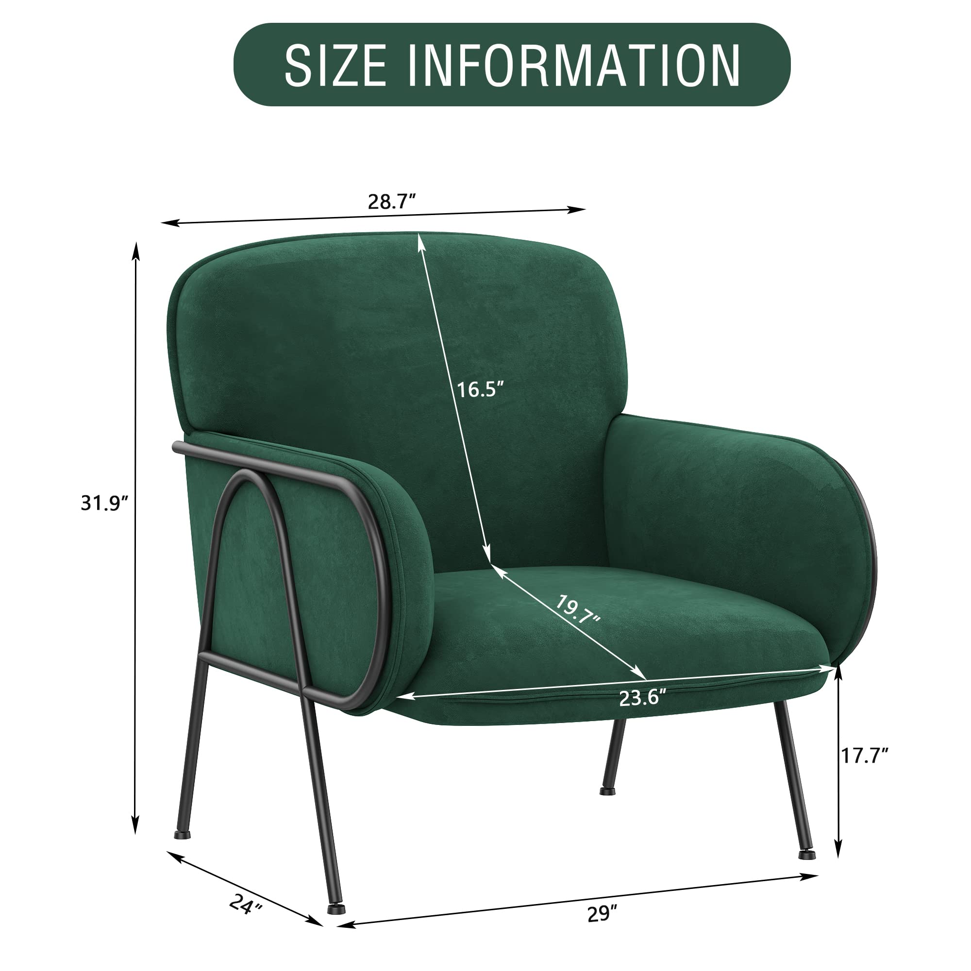 WENTMENT Velvet Accent Chair - Modern Upholstered Armchair with Sturdy Metal Legs, Comfortable Lounge & Reading Chair for Living Room, Bedroom, Hosting Room - Perfect for Relaxation, Reading & Home Decor (Green)