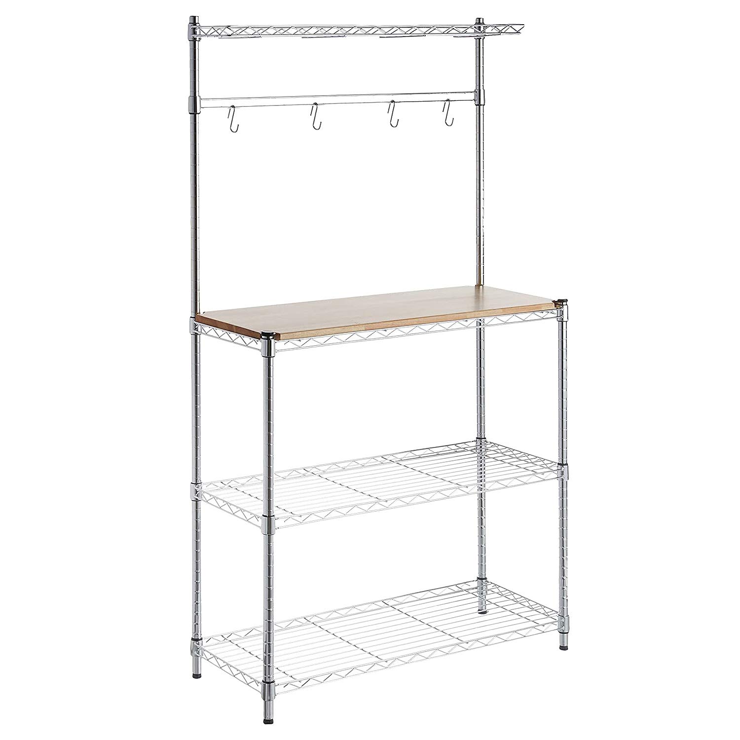 Stainless Steel Kitchen Bakers Rack with Microwave Stand & Spice Organizer - Utility Storage Shelf with Hooks, MDF Table & Wheels for Small Space Kitchen Organization | Perfect for Baking, Cooking & Coffee Station Setup