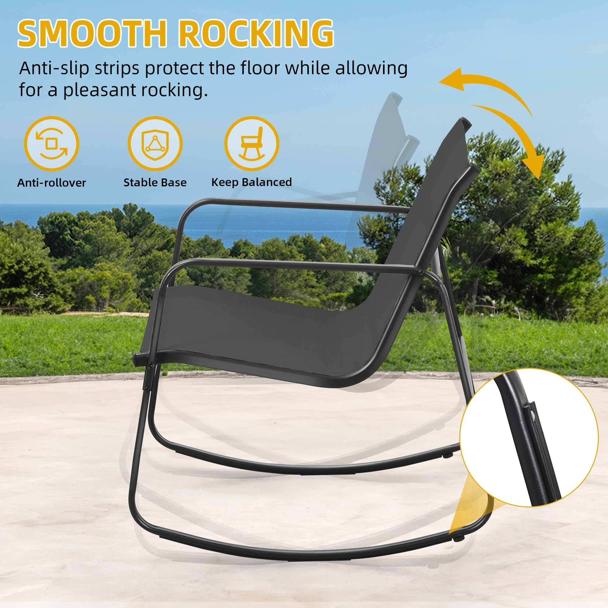 **DWVO 4-Piece Patio Furniture Set - 2 Rocking Chairs, Sofa & Glass Coffee Table - Outdoor Conversation Set for Porch, Deck, Garden, Backyard, Poolside - Black**    *(Perfect for Relaxing, Entertaining, or Enjoying Coffee Outdoors!)*
