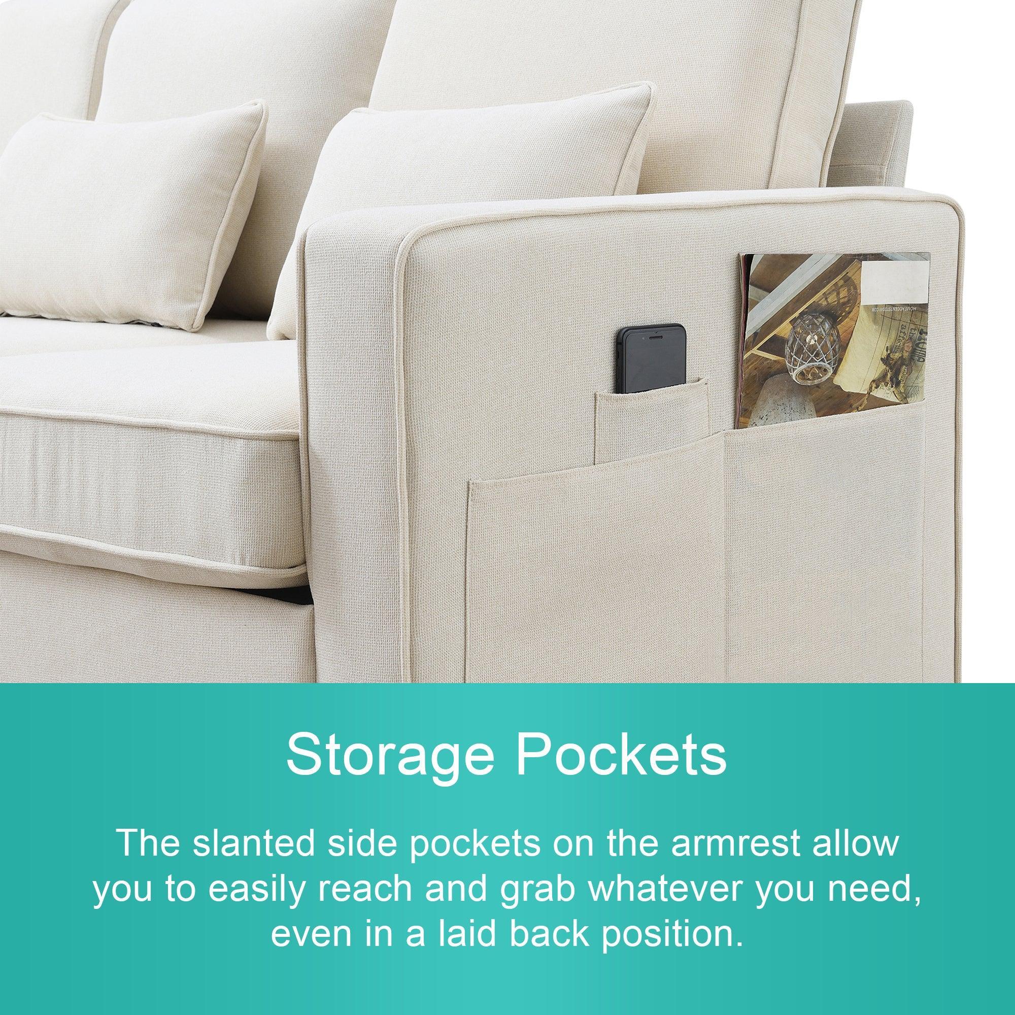 Modern 4-Seater Linen Fabric Sofa with Armrest Storage Pockets & 4 Throw Pillows - Minimalist Living Room Couch for Small Spaces, Apartments and Cozy Home Decor