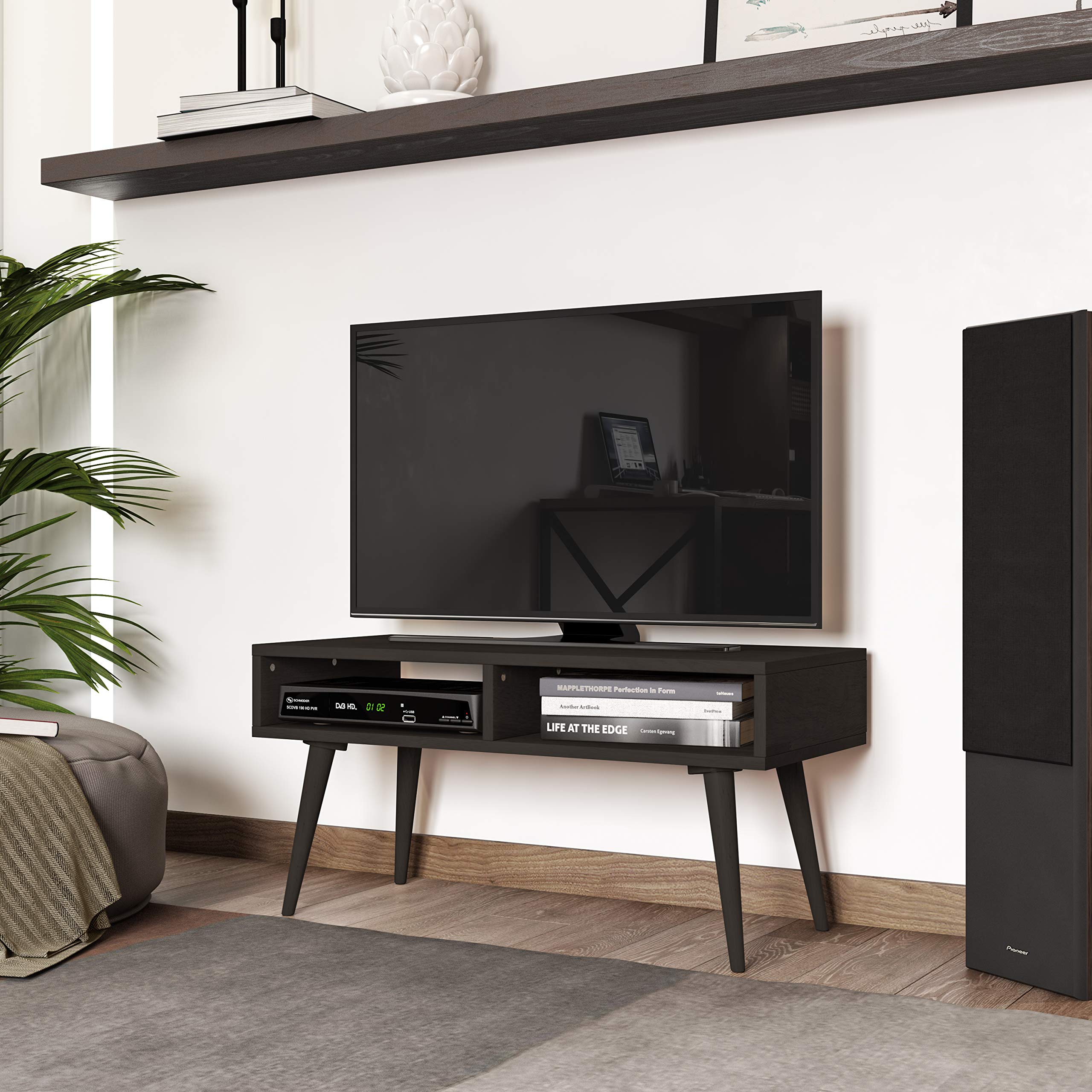 Domesis Mid Century Modern Wood TV Stand with Shelves in Dark Brown - Stylish Entertainment Center for Living Room, Bedroom & Home Theater