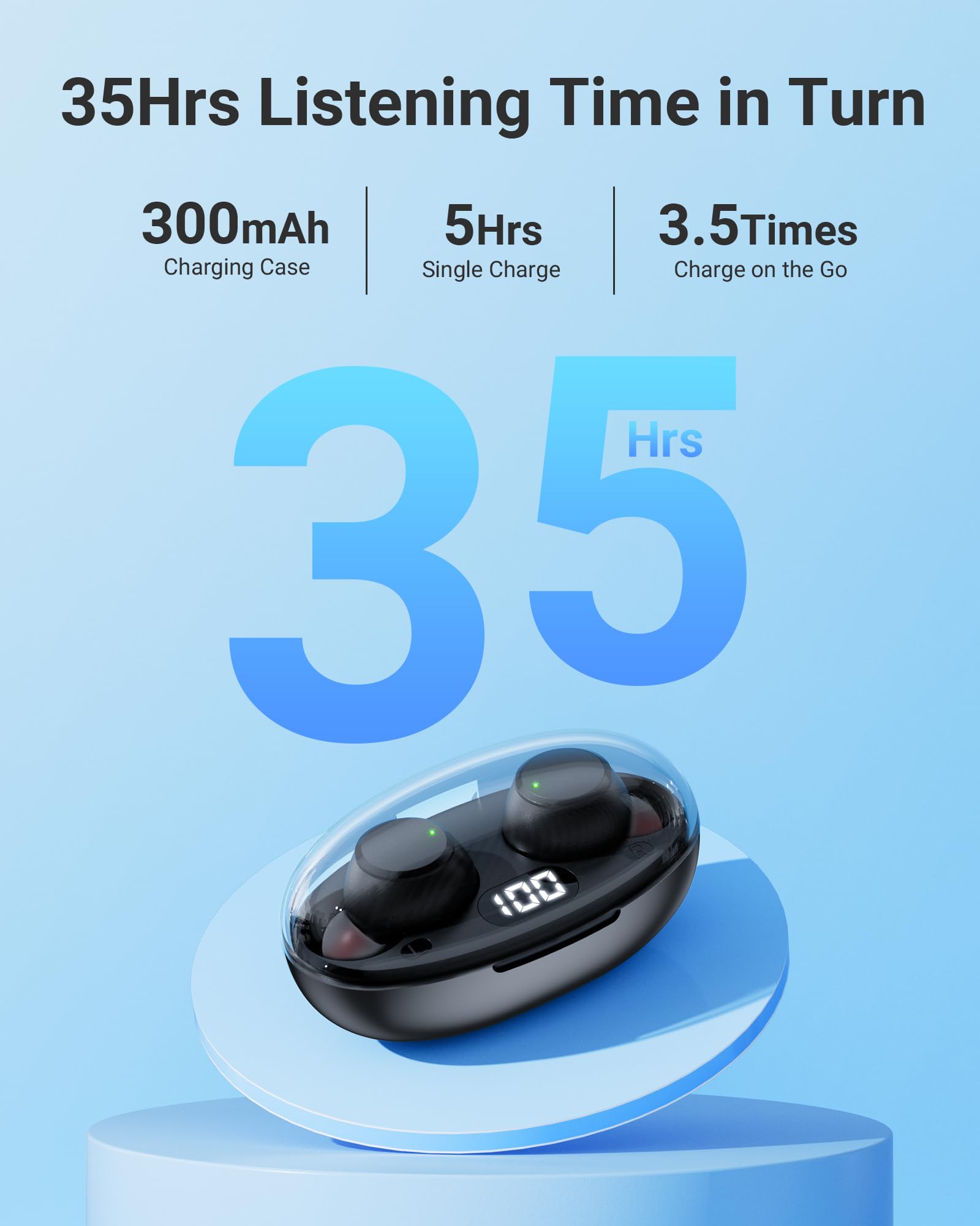 Wireless Bluetooth Earbuds with Mic, IPX7 Waterproof, 5.3 Mini Invisible Design, LED Display Charging Case - Stereo Sound Sports Earphones for Gym, Running, Workout | Perfect for Phone Calls & Outdoor Activities (Black)