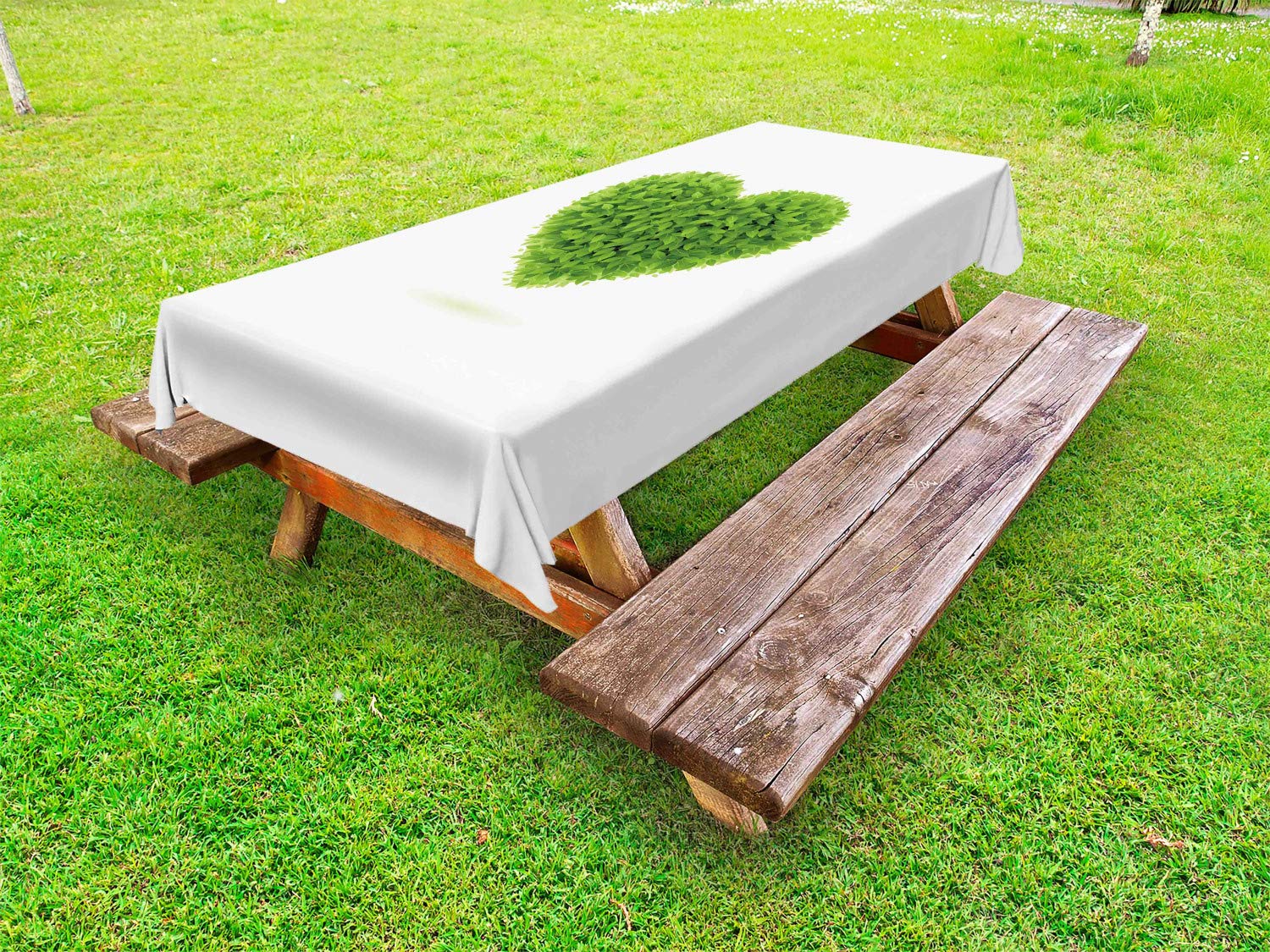 Ambesonne Green Outdoor Tablecloth - Heart with Leaf Foliage Romantic Garden Design, Washable Picnic Table Cover 58x84 Inches, Fern Green & White - Perfect for Garden Parties, Picnics, BBQs, and Outdoor Dining