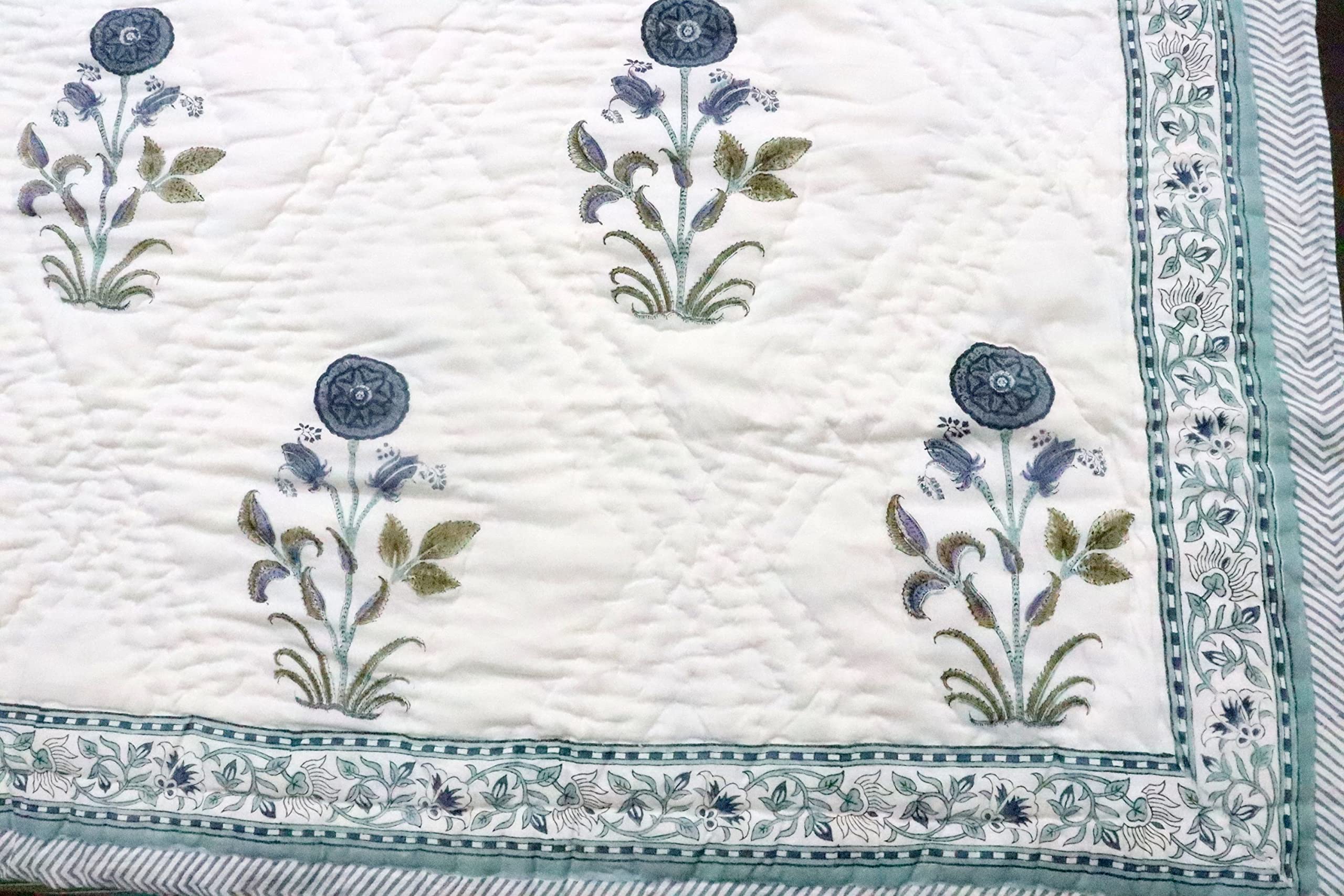 Jaipuri Razai Blue Block Print Quilt - Indian Reversible Kantha Quilt Duvet Cover - 100% Cotton Throw Quilted Blanket - Queen Size 90x108 Inches - Handmade Traditional Bedspread for Home Decor, Guest Room & Cozy Winter Nights