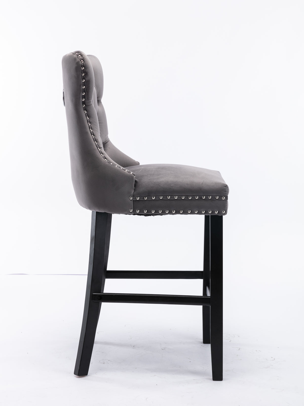 Contemporary Velvet Upholstered Bar Stools with Button Tufted Back & Wooden Legs - Set of 2 Gray Bar Chairs with Chrome Nailhead Trim for Kitchen Island, Breakfast Nook & Home Bar Decor (SW1902GY)