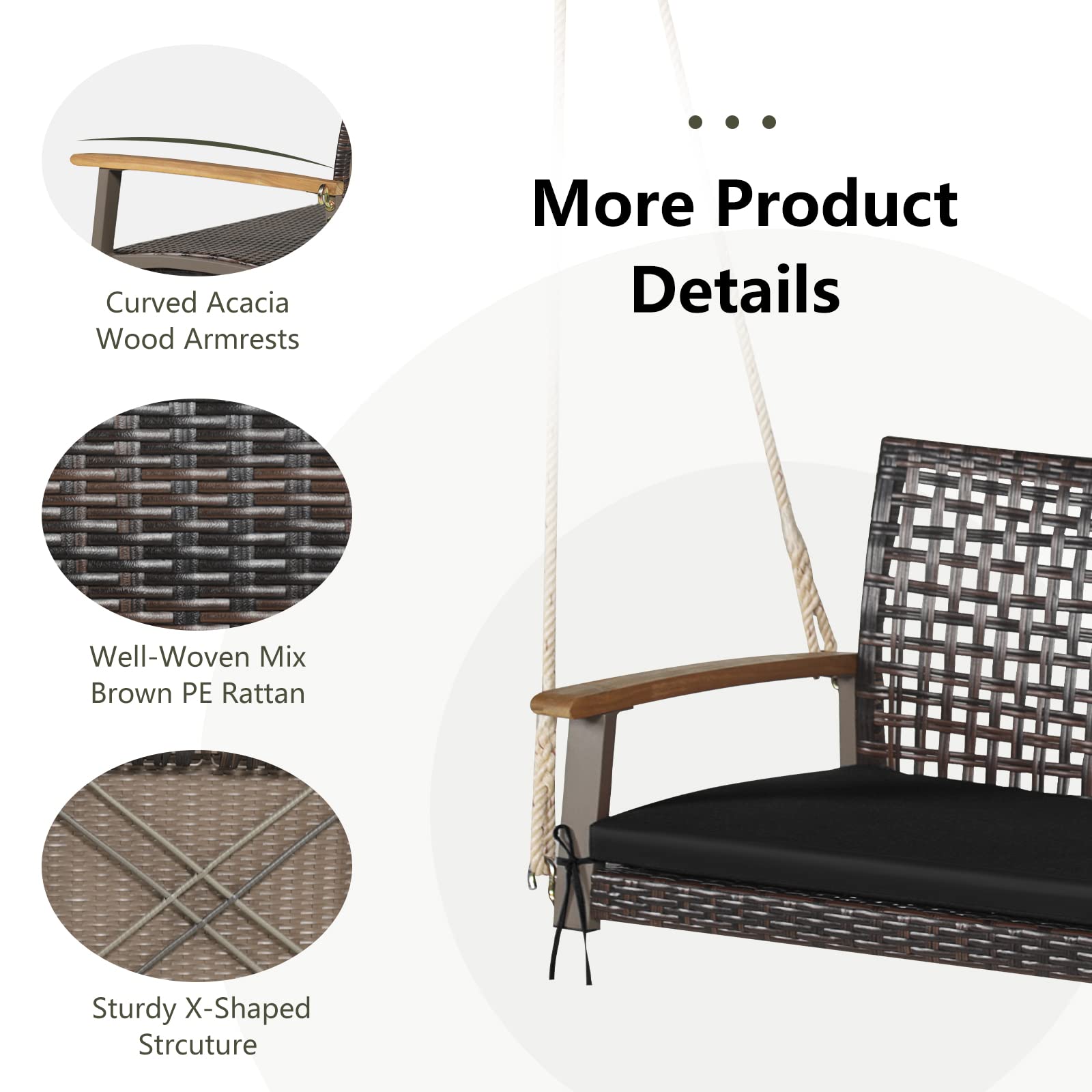 Tangkula 2-Person PE Wicker Porch Swing Bench - Outdoor Hanging Chair with Soft Cushion & Heavy Duty Chains (118