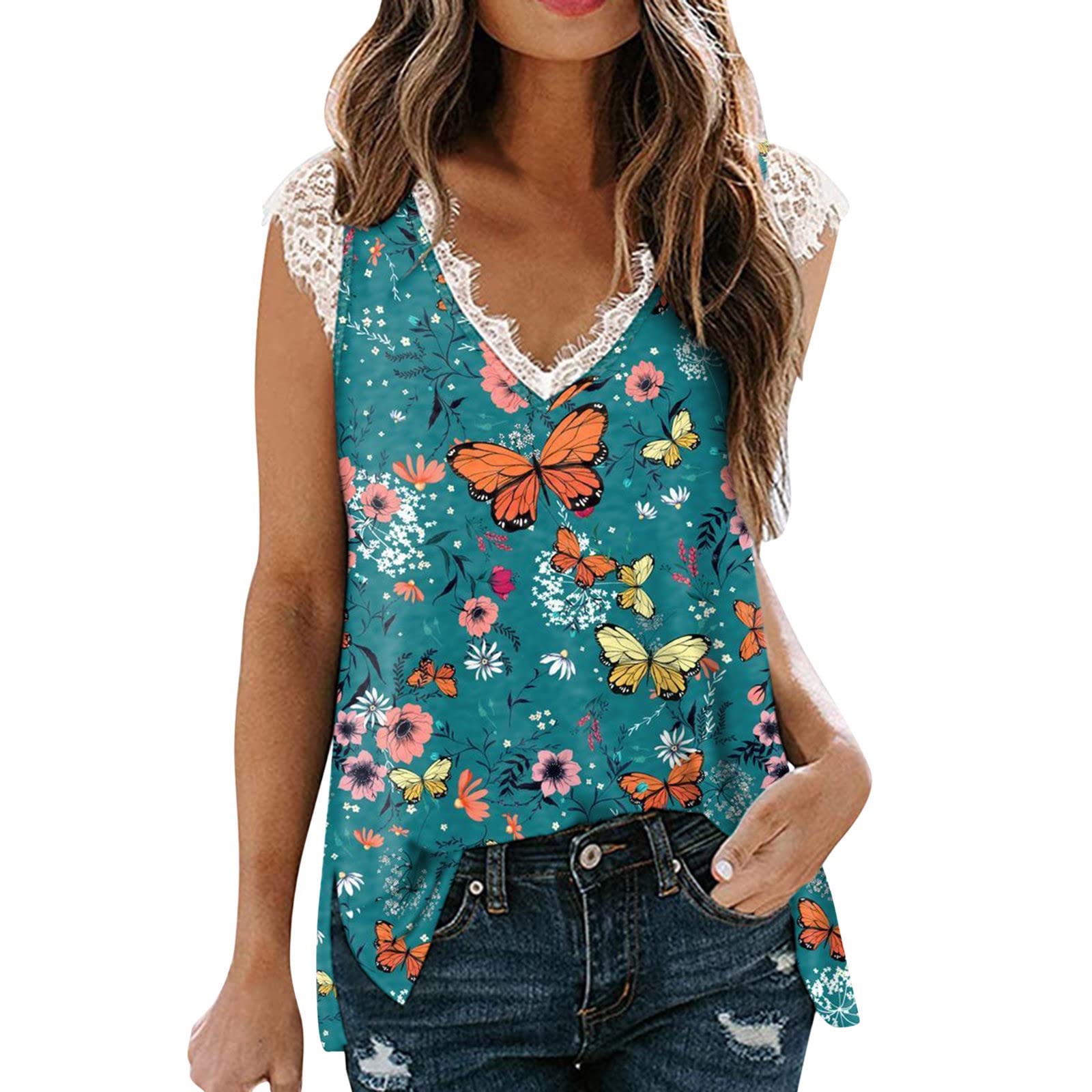 Women's V-Neck Lace Tank Tops - Summer Sleeveless Loose Fit Tunic Blouse with Side Split | Casual Camisoles for Beach, Travel & Everyday Wear