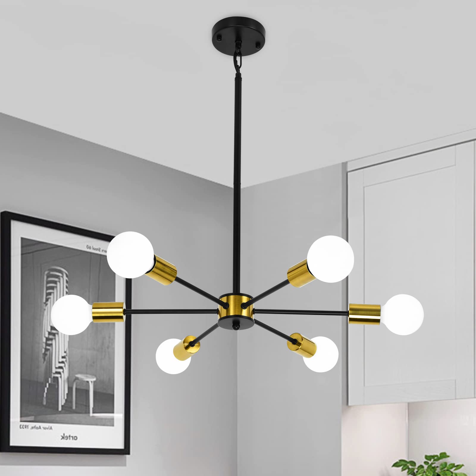 Dining Room Chandelier - Gold and Black Brushed Brass Adjustable Height 6-Light Mid Century Modern Sputnik Pendant Light for Kitchen, Dining Room, and Living Room