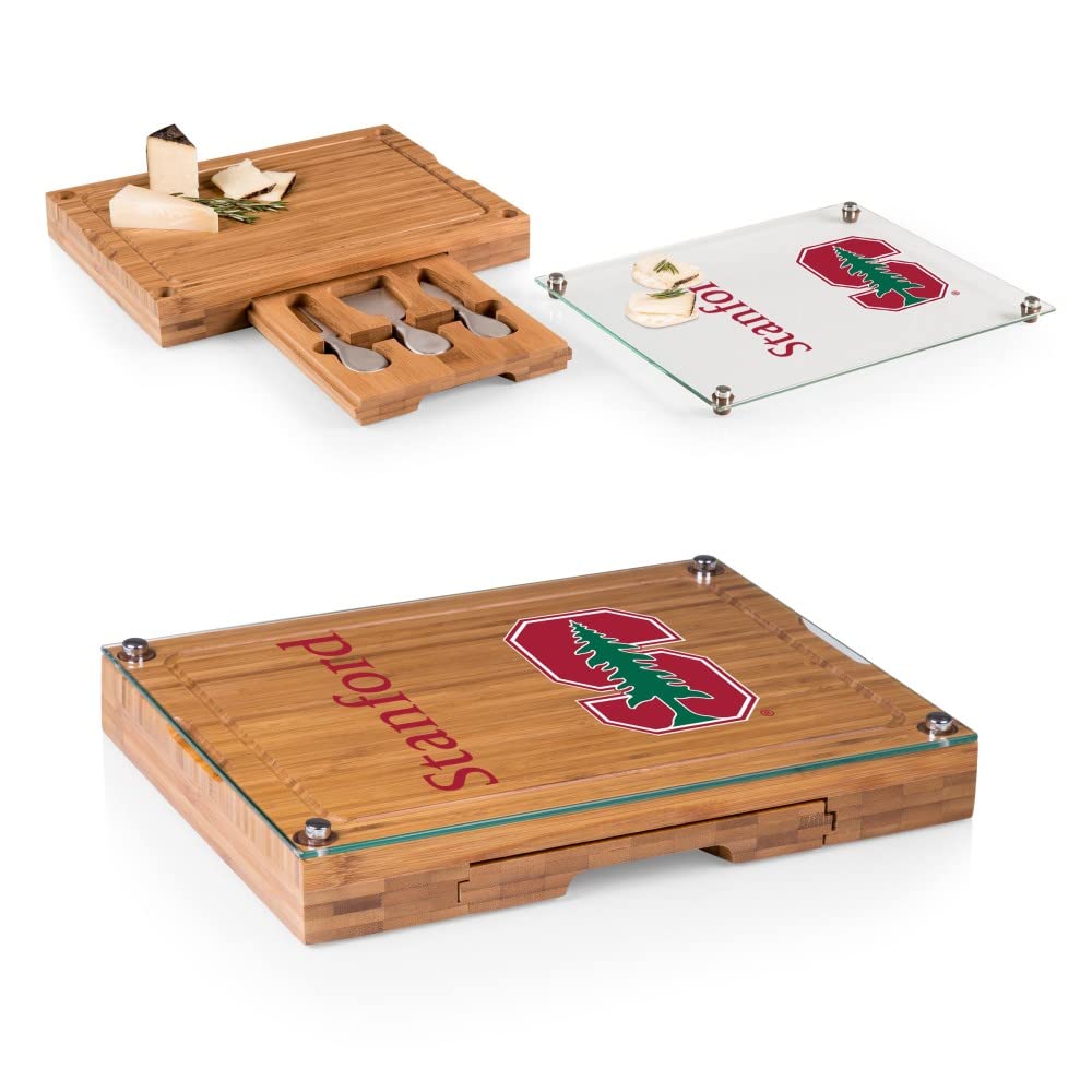 PICNIC TIME NCAA Concerto Glass Top Cheese Board & Knife Set - Bamboo Charcuterie Board with Glass Top Cutting Board - Perfect for Wine Parties, Cheese Tasting & Entertaining Guests