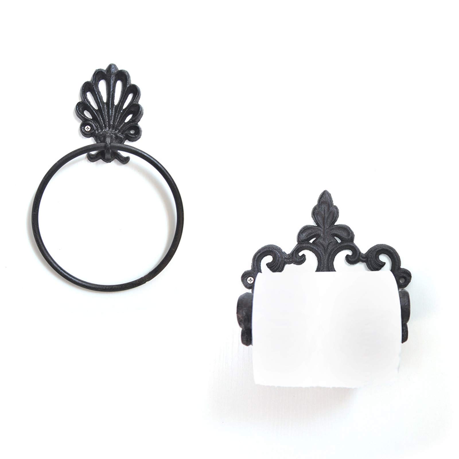 Cast Iron Toilet Paper Holder & Towel Ring Set - 2PCS Wall Mounted Bathroom Hardware with Screws & Anchors - Rustic Wrought Iron Tissue Holder for Vintage Farmhouse or Modern Bathroom Decor