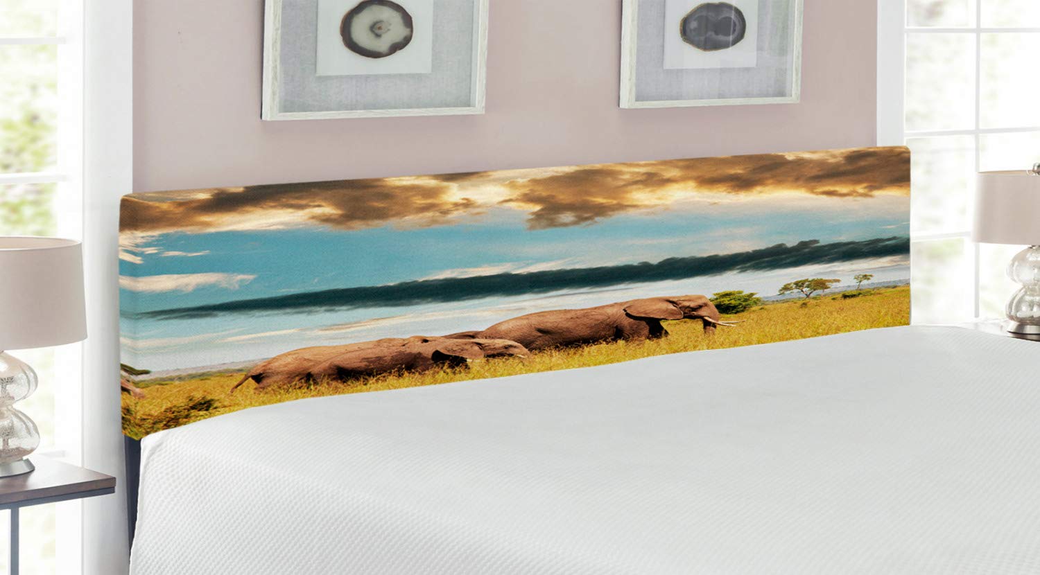 Ambesonne Savannah King Size Upholstered Headboard - Dark Cloudy Sky Grassland Landscape with Memory Foam | Decorative Metal Bed Frame in Grey Yellow Blue | Perfect for Master Bedroom & Guest Room Decor