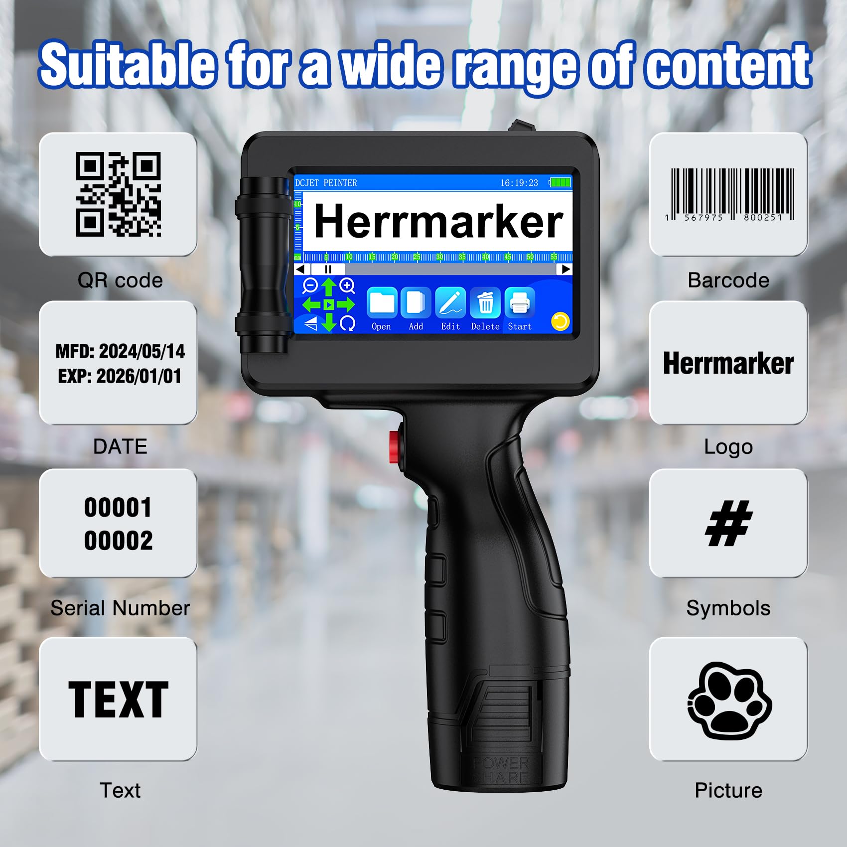 Handheld Inkjet Printer TIJ314 - Portable Inkjet Gun with 42ml Quick-Dry Ink Cartridge, 4.3