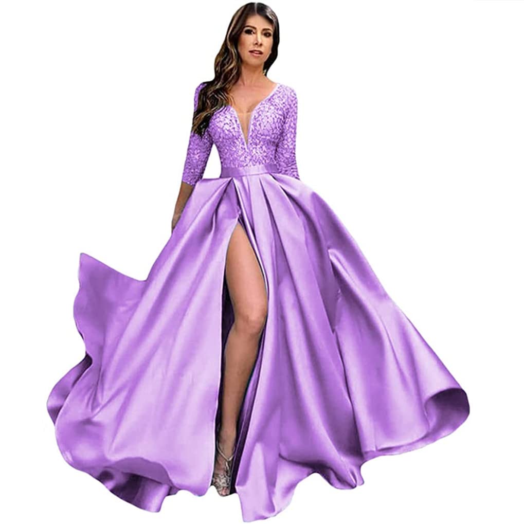 Elegant Satin Evening Dress for Women - Formal Lace Gown with V-Neck, 3/4 Sleeve & Thigh Split | Perfect for Prom, Cocktail Parties & Special Occasions