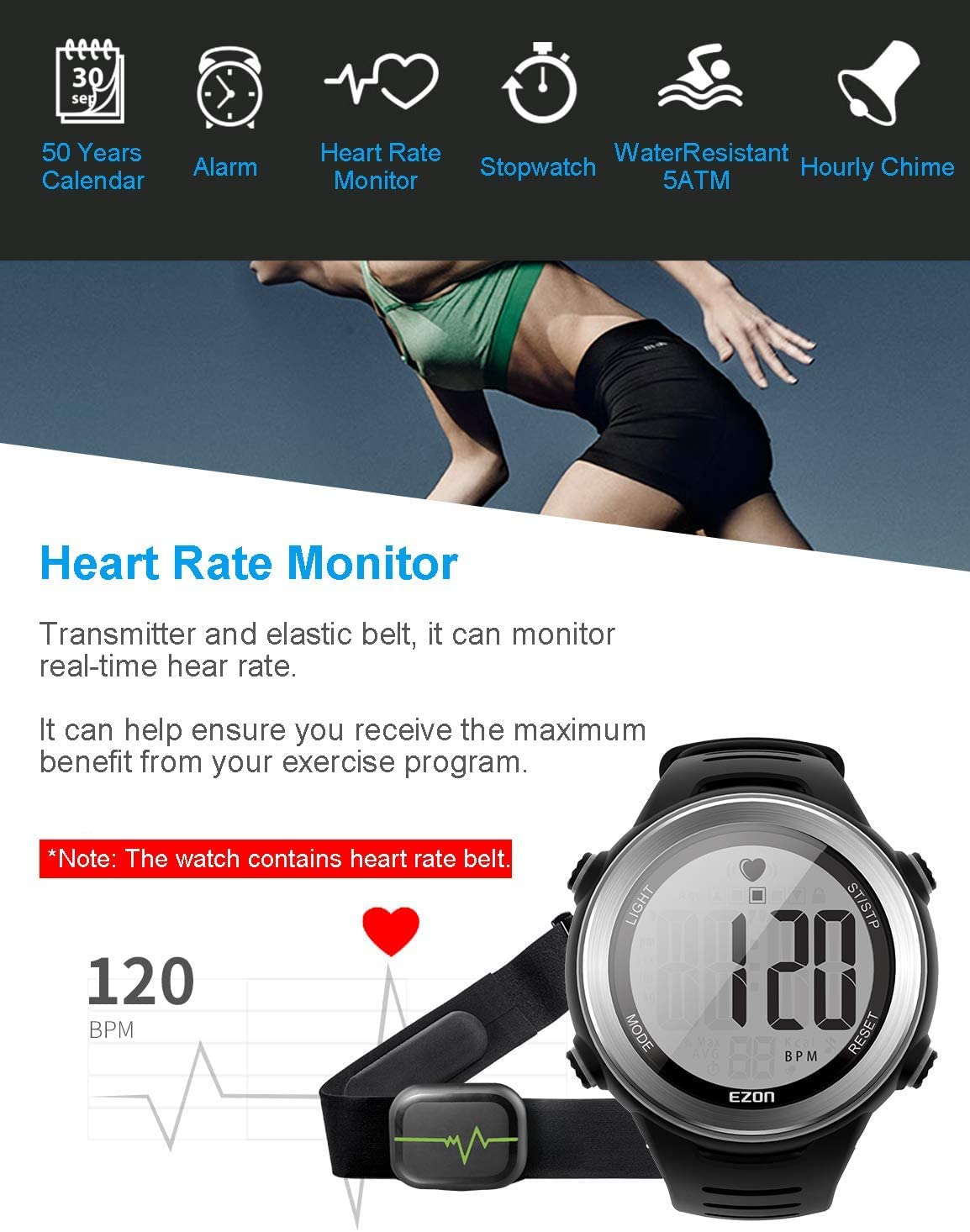 EZON Heart Rate Monitor Chest Strap - Wireless Bluetooth HRM for Running, Cycling & Workouts - Waterproof Fitness Tracker with Stopwatch & Alarms - Perfect for Gym, Cardio & Sports Training