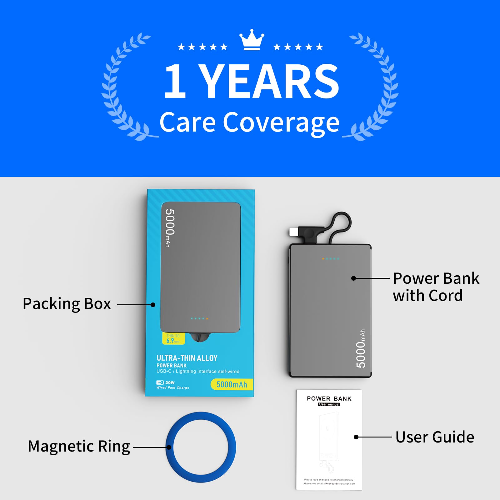 5000mAh Portable Charger Power Bank - 20W PD Fast Charging Mini Battery Pack with Built-in USB-C & Lightning Cable | Compact Phone Charger for iPhone 16/15/14/13/12 Pro Max & Samsung Galaxy | Perfect for Travel, Camping & Emergency Power Backup (Grey)