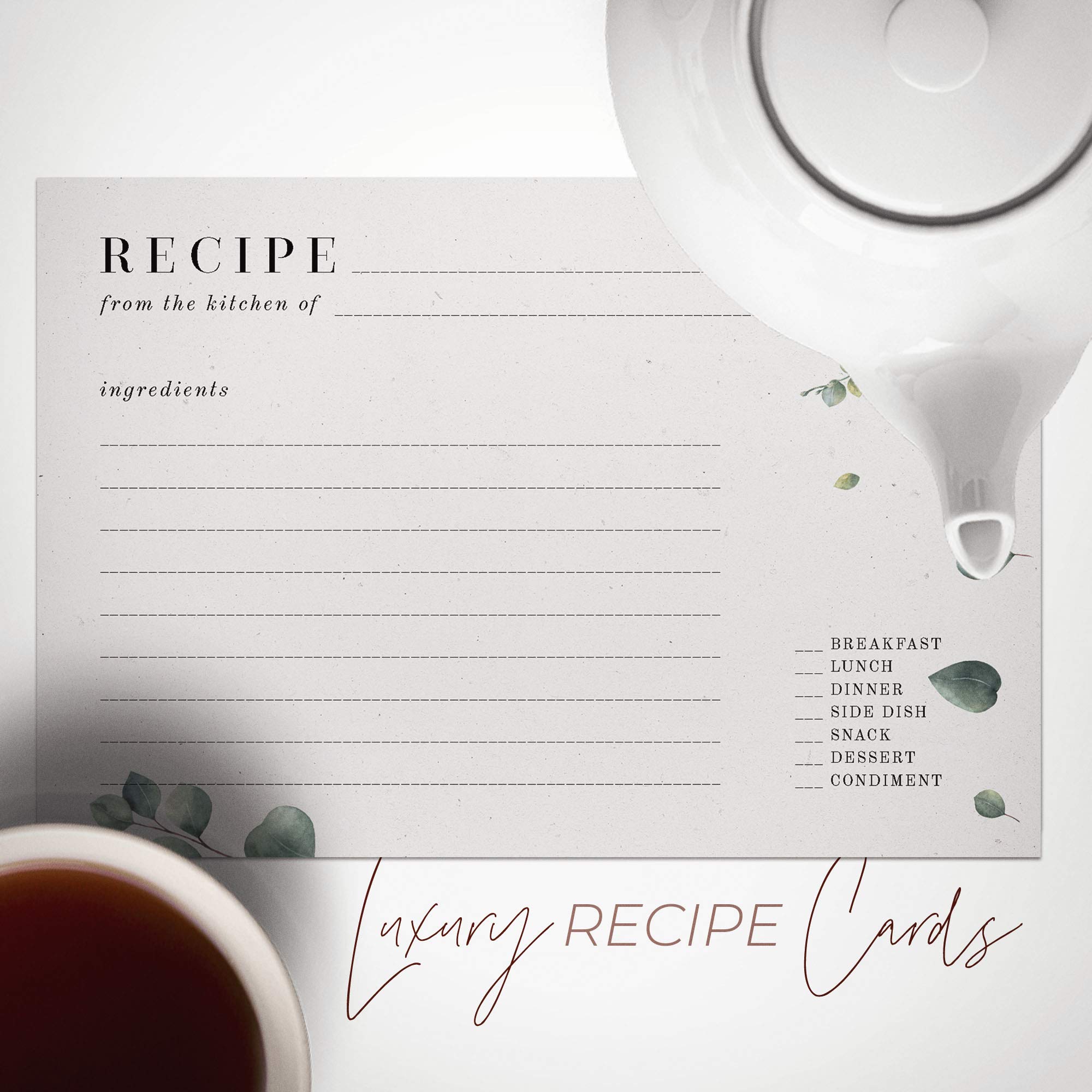 Dashleigh Eucalyptus Recipe Cards Set - 48 Double-Sided Water-Resistant 4x6 Inch Cards in Vintage Sage Green & Grey | Perfect for Kitchen Organization, Meal Planning & Gift Giving