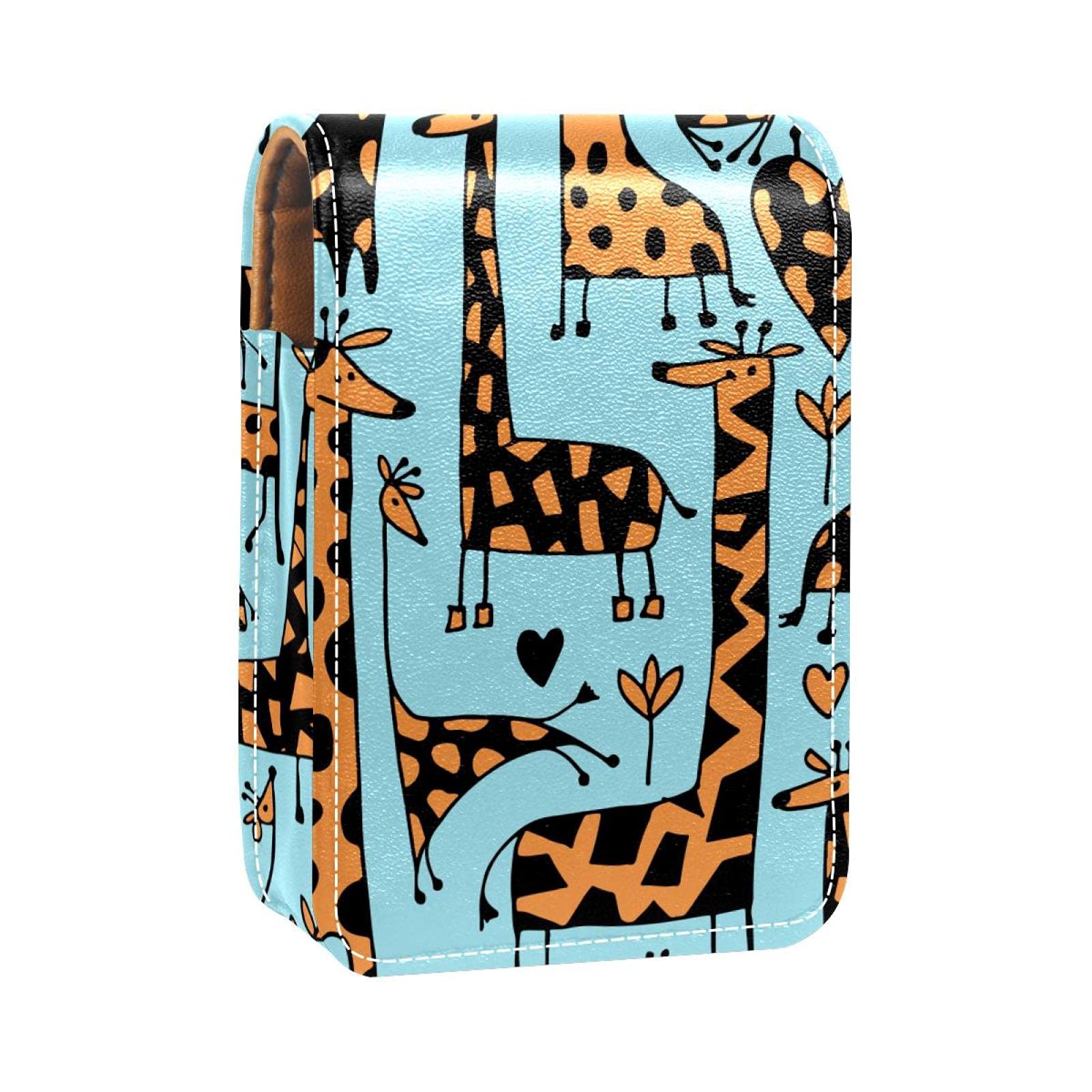 Blue Giraffe Leather Lipstick Case with Mirror - Portable Travel Makeup Organizer Holds 3 Lipsticks - Perfect for Purse, Cosmetic Bag & On-the-Go Touch Ups