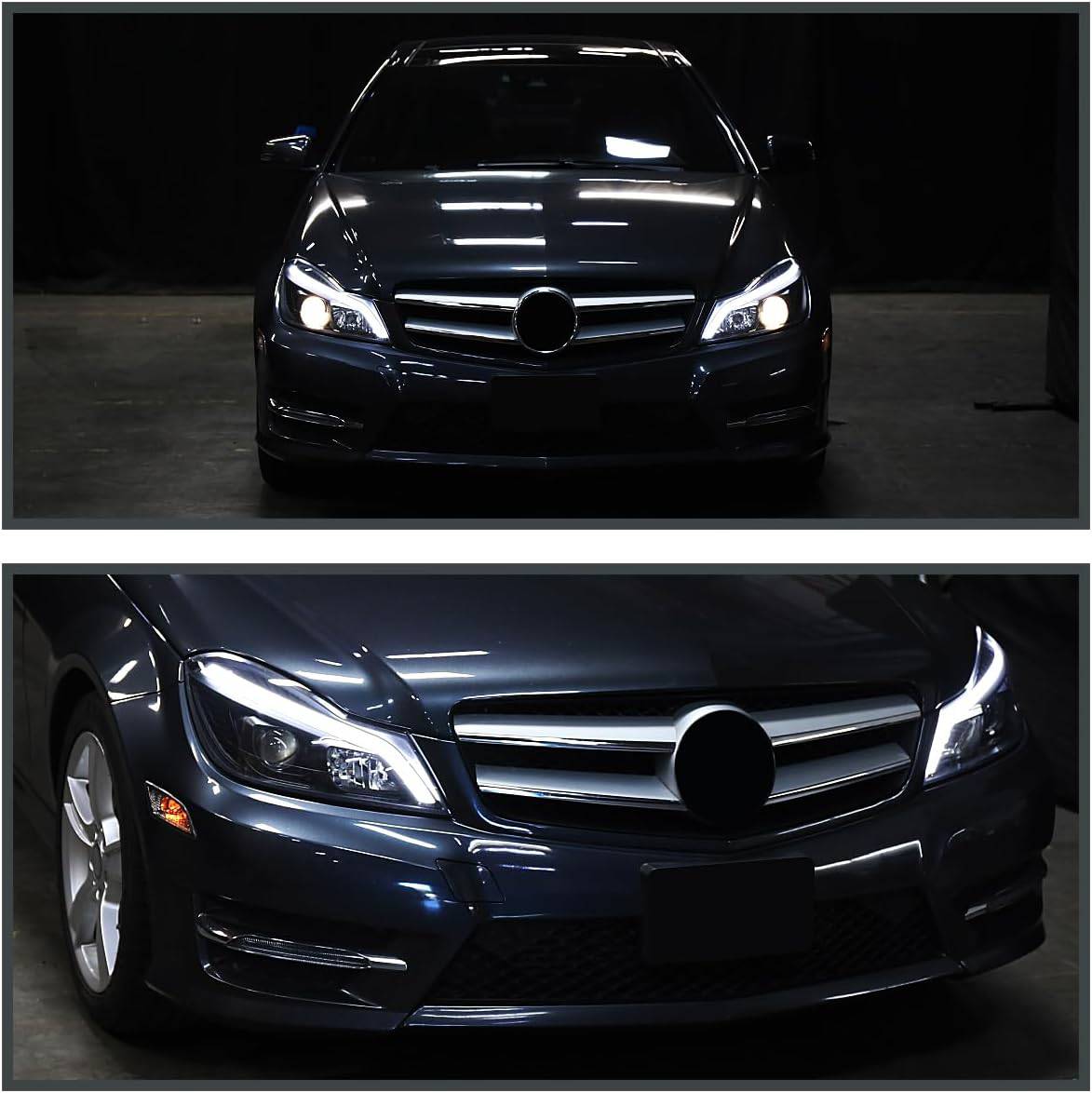 2012-2014 Mercedes Benz W204 C Class LED Headlights - Switchback Sequential LED Bar Projector Headlamps with Matte Black Housing & Clear Lens - Upgrade for Night Driving & Enhanced Style