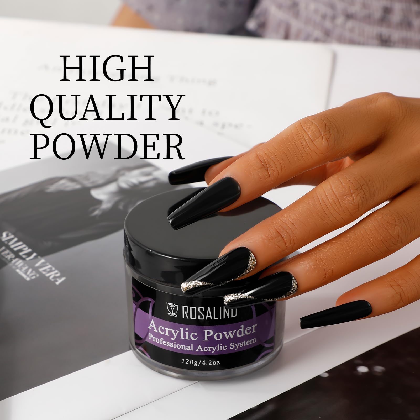ROSALIND 120g Black Acrylic Nail Powder for Professional Nail Extensions - No UV Lamp Needed, Dries Naturally | Perfect for Salon, DIY Manicures & Acrylic Nail Art