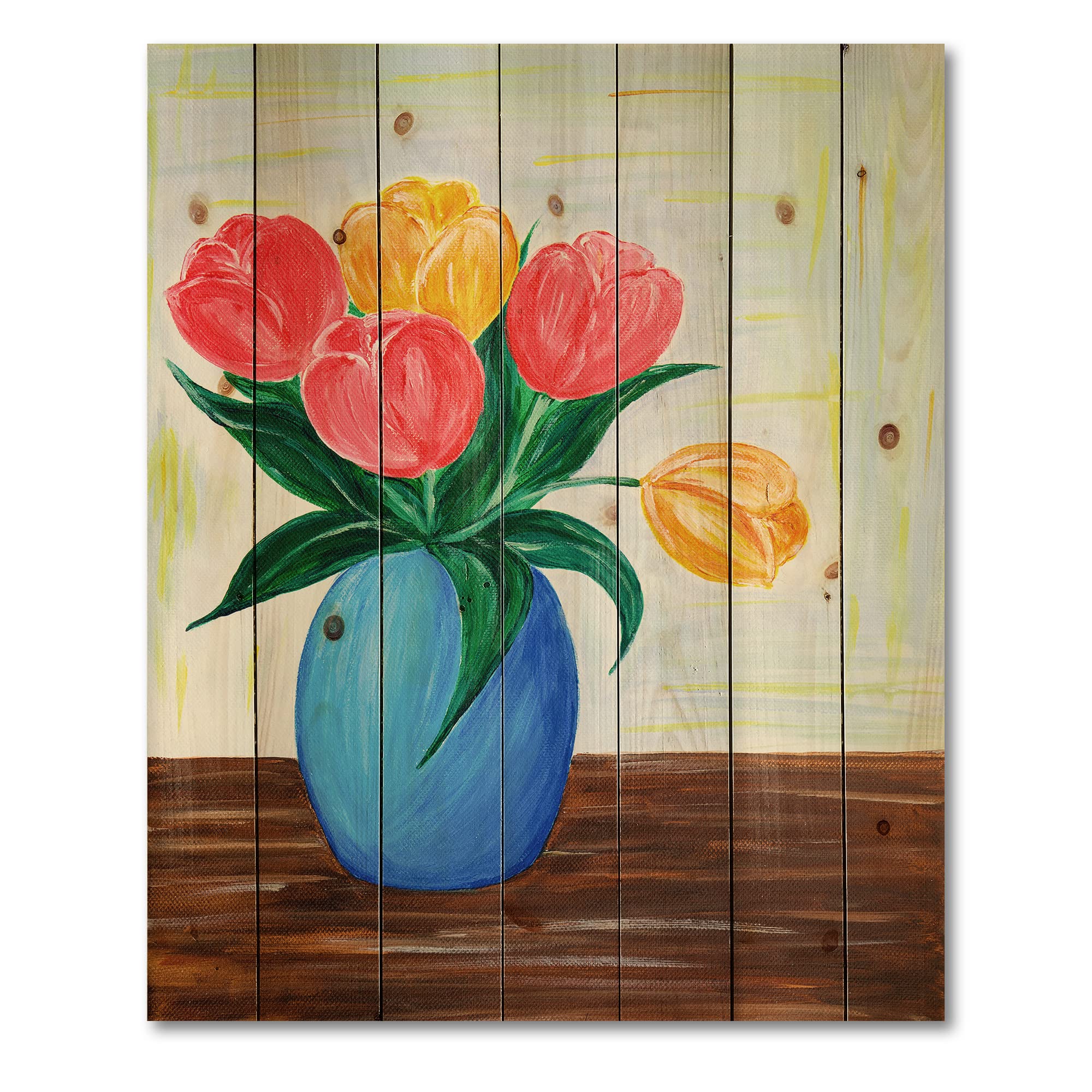 DesignQ Bouquet of Red and Orange Tulips in Vase - Traditional Wood Wall Decor, Large Floral Pine Wood Wall Art Panels - Perfect for Living Room, Bedroom & Office Decor